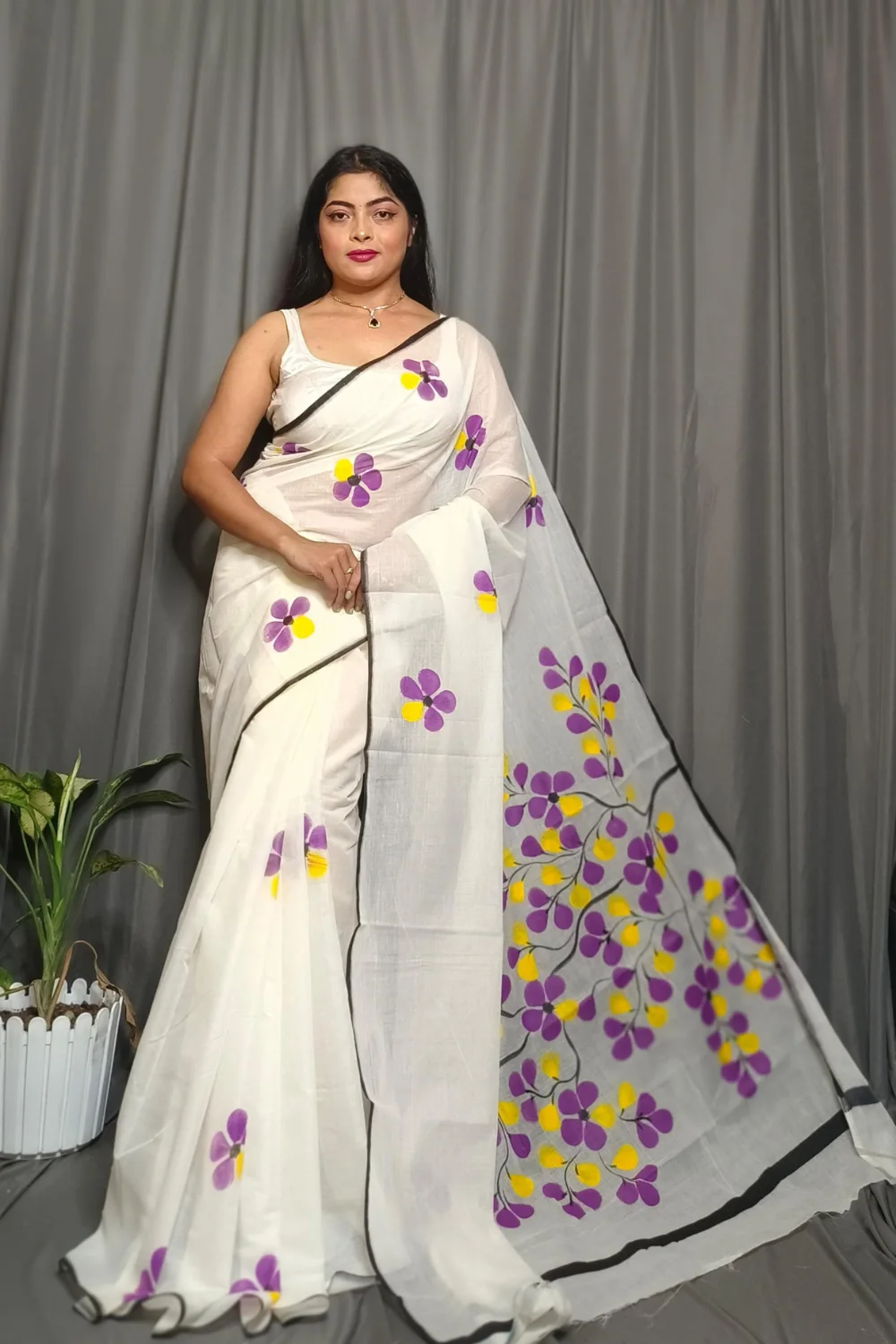 White Pure Mull Cotton Saree With Hand Printed Purple Jaba