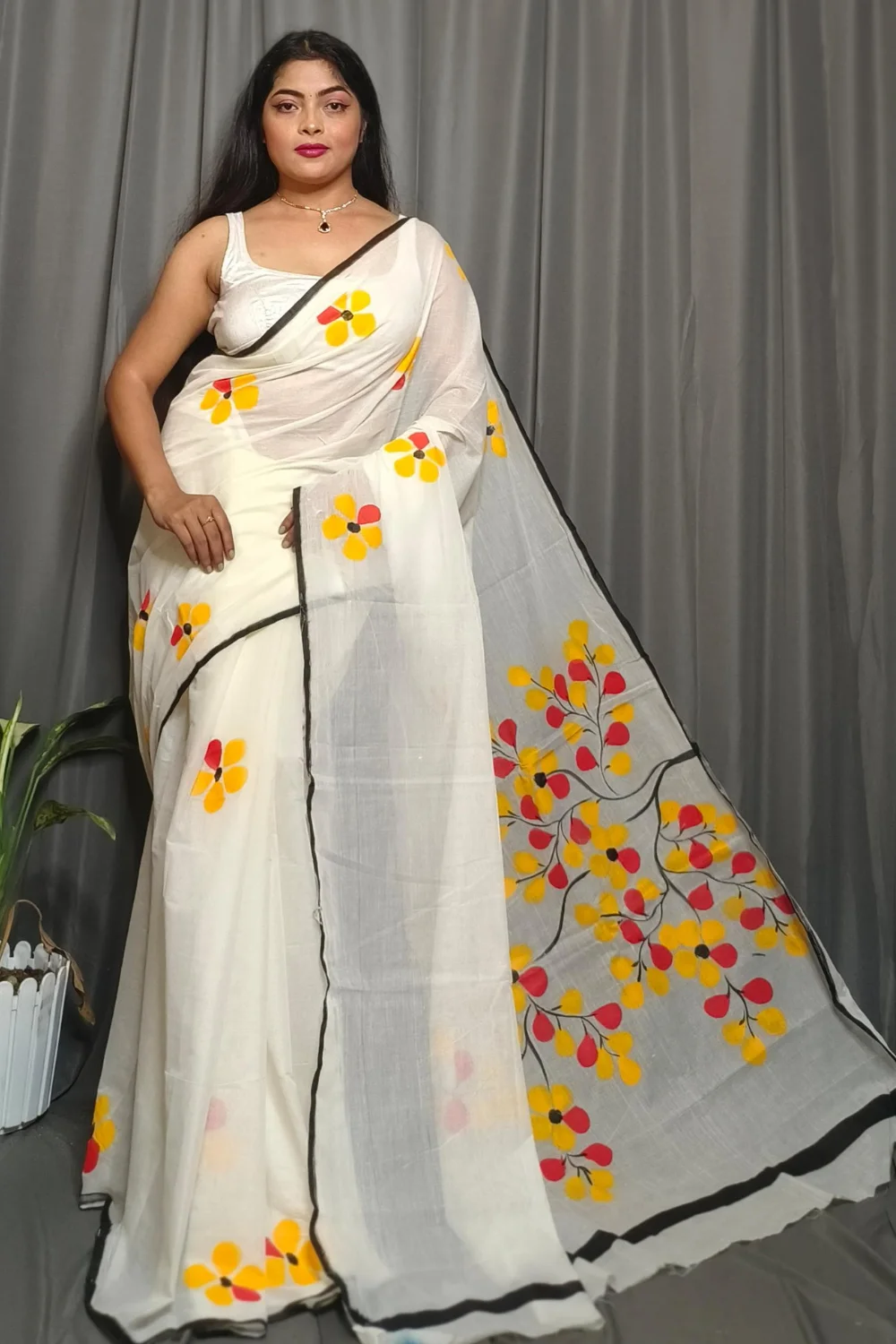 White Pure Mull Cotton Saree With Hand Printed Yellow Jaba