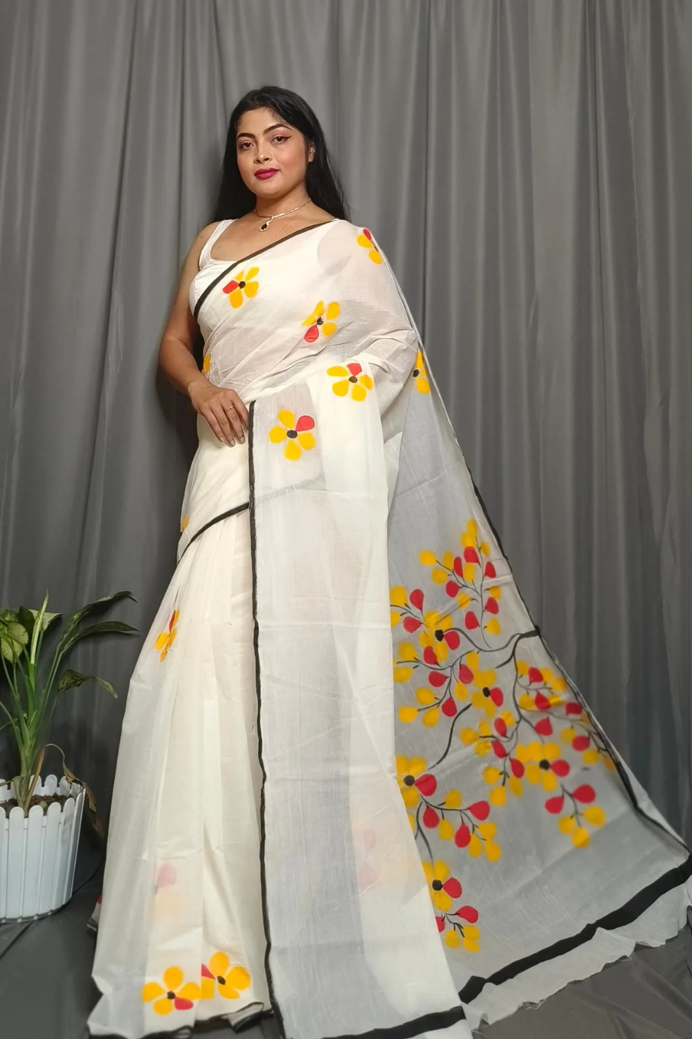 White Pure Mull Cotton Saree With Hand Printed Yellow Jaba