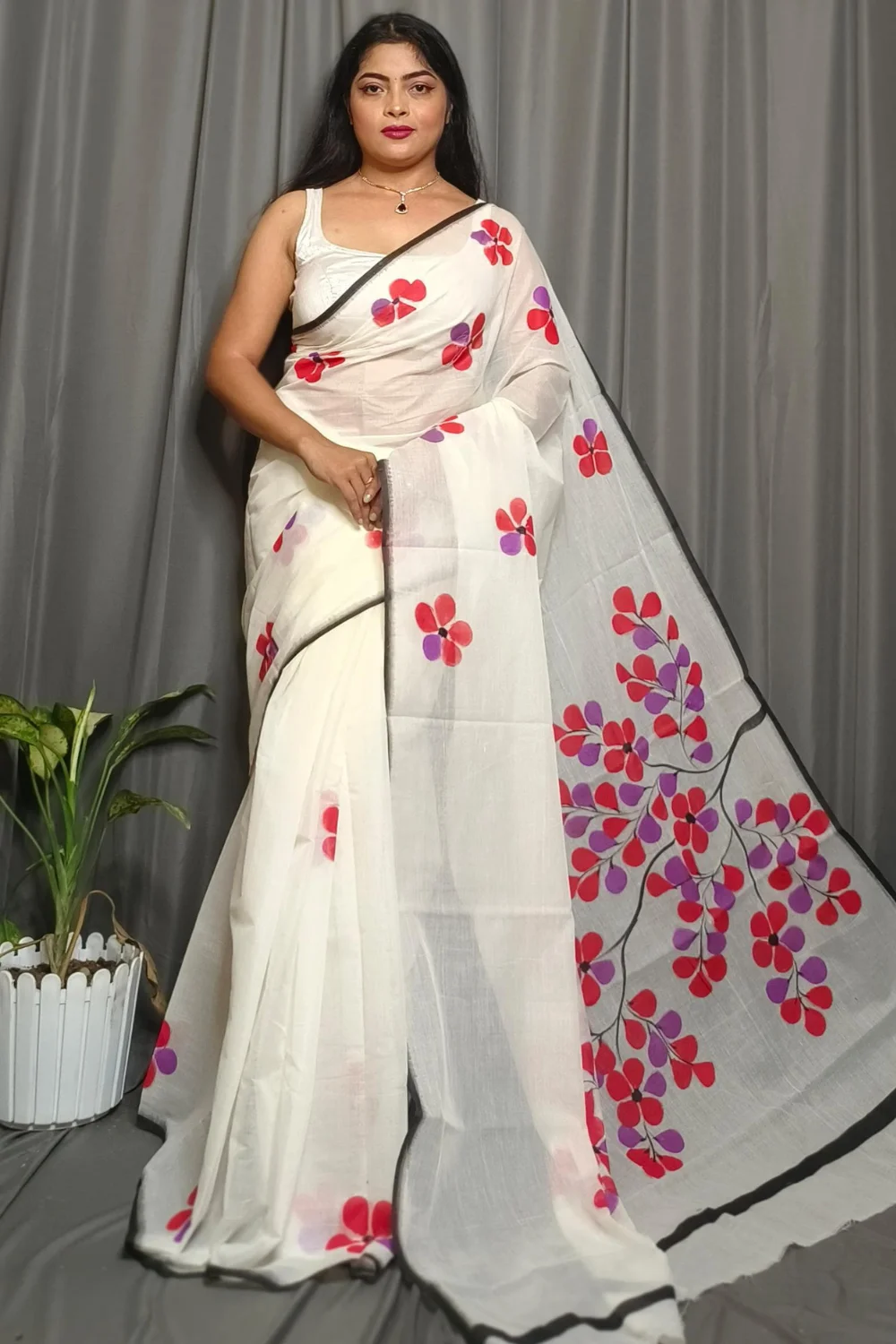 White Pure Mull Cotton Saree With Hand Printed Red Jaba