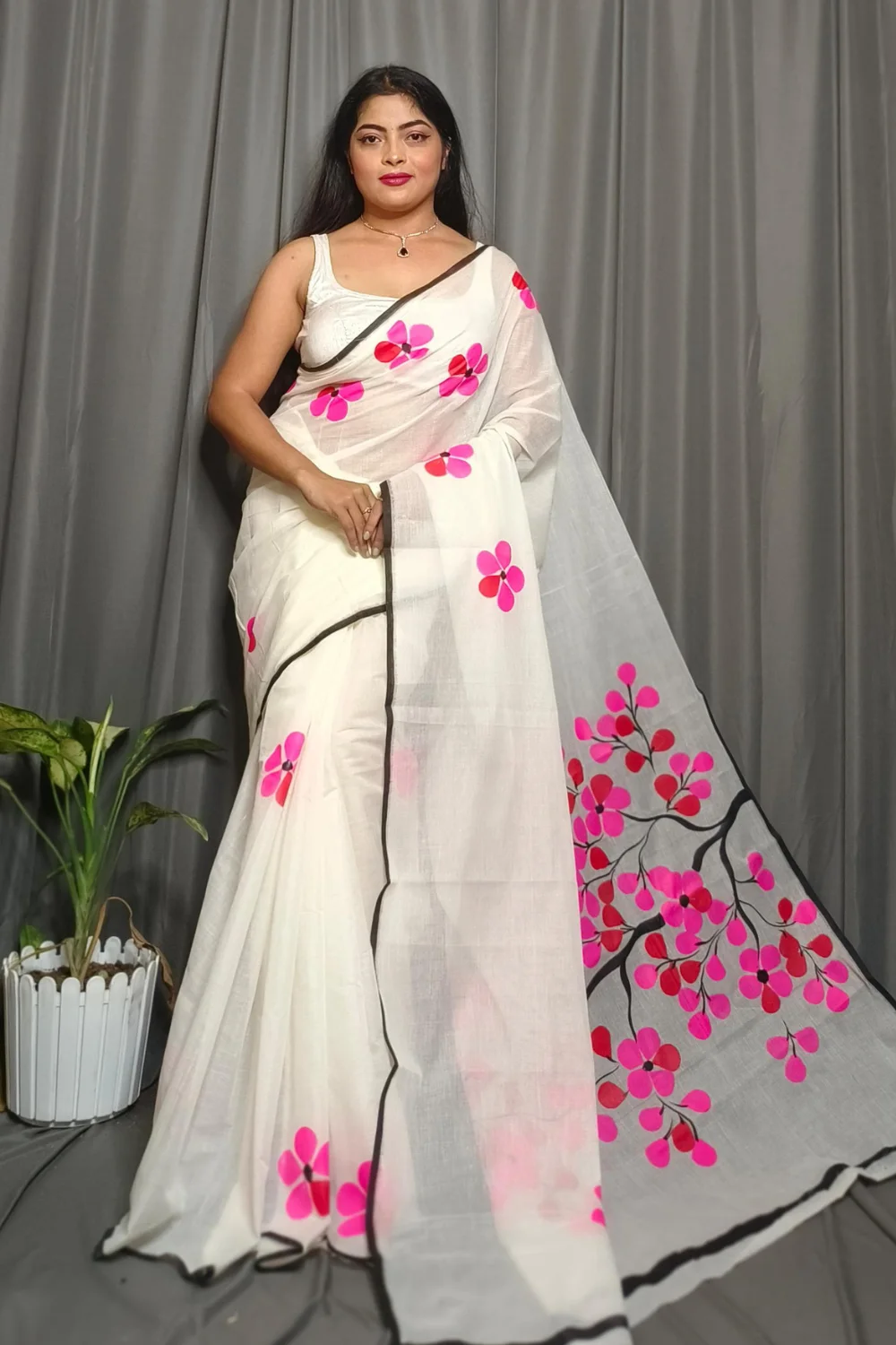 White Pure Mull Cotton Saree With Hand Printed Pink Jaba