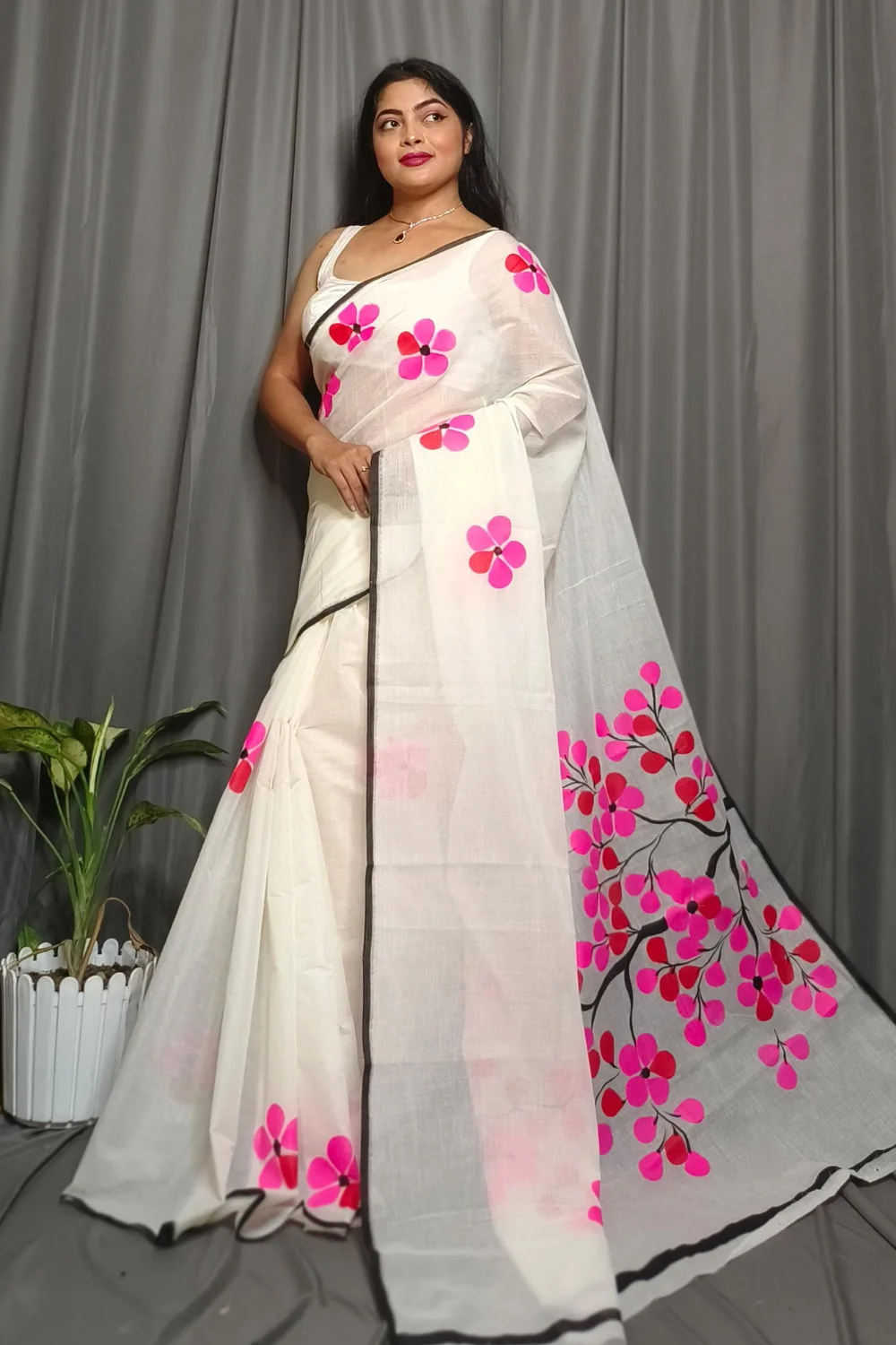 White Pure Mull Cotton Saree With Hand Printed Pink Jaba