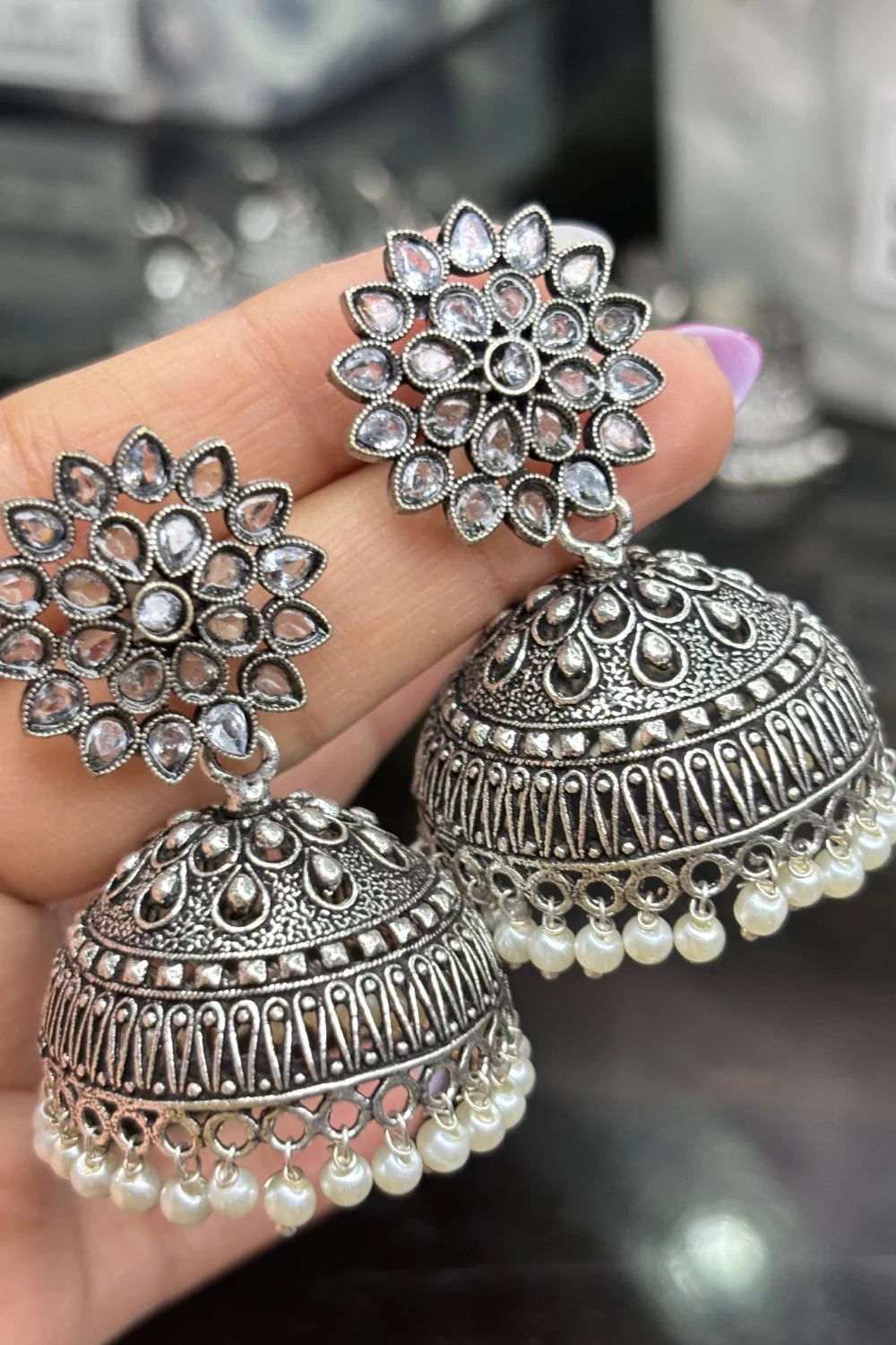 Elegant Silver Brass Base Monalisa Stone Jumka Earrings