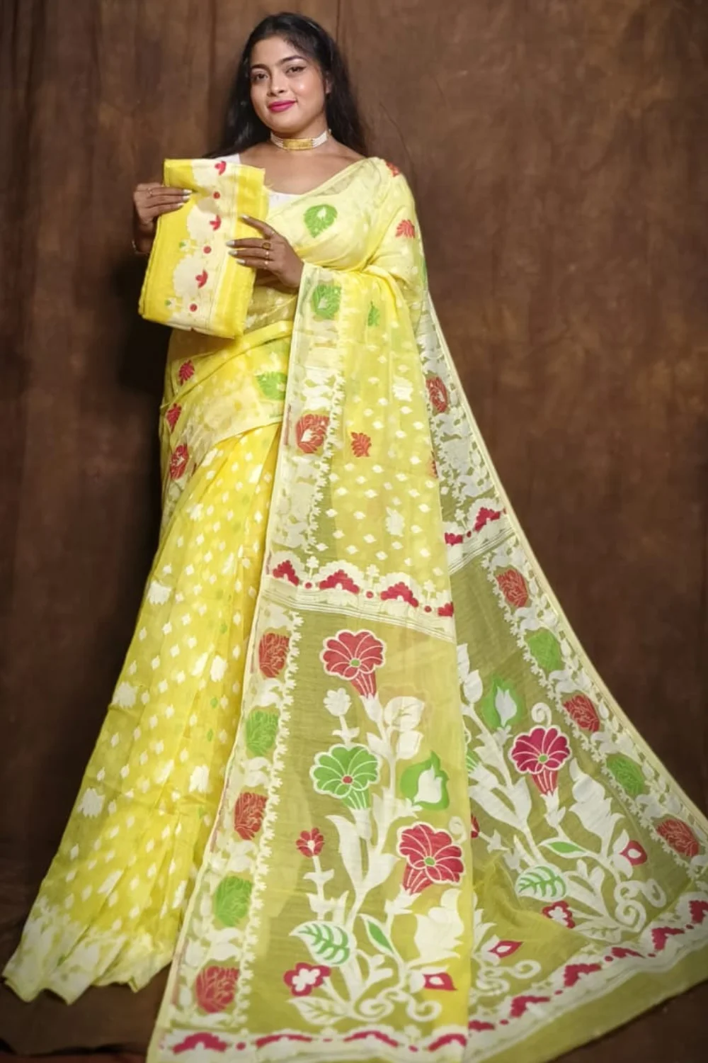 Diwali Special Yellow Dhakai Jamdani Saree with Colourful Floral Weaving