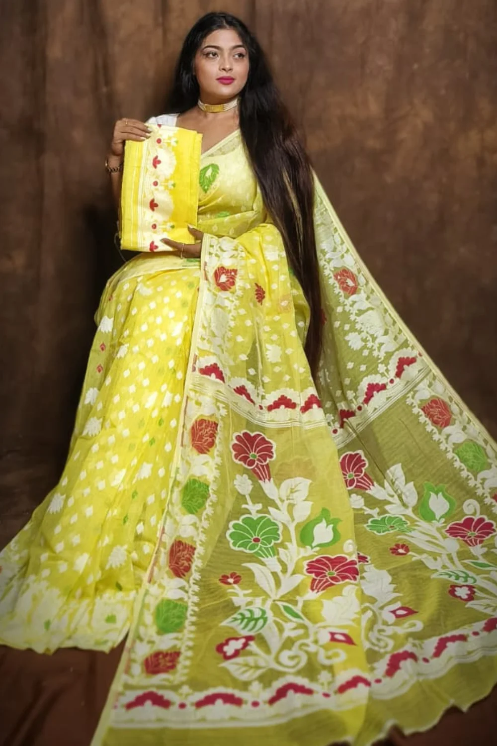 Diwali Special Yellow Dhakai Jamdani Saree with Colourful Floral Weaving