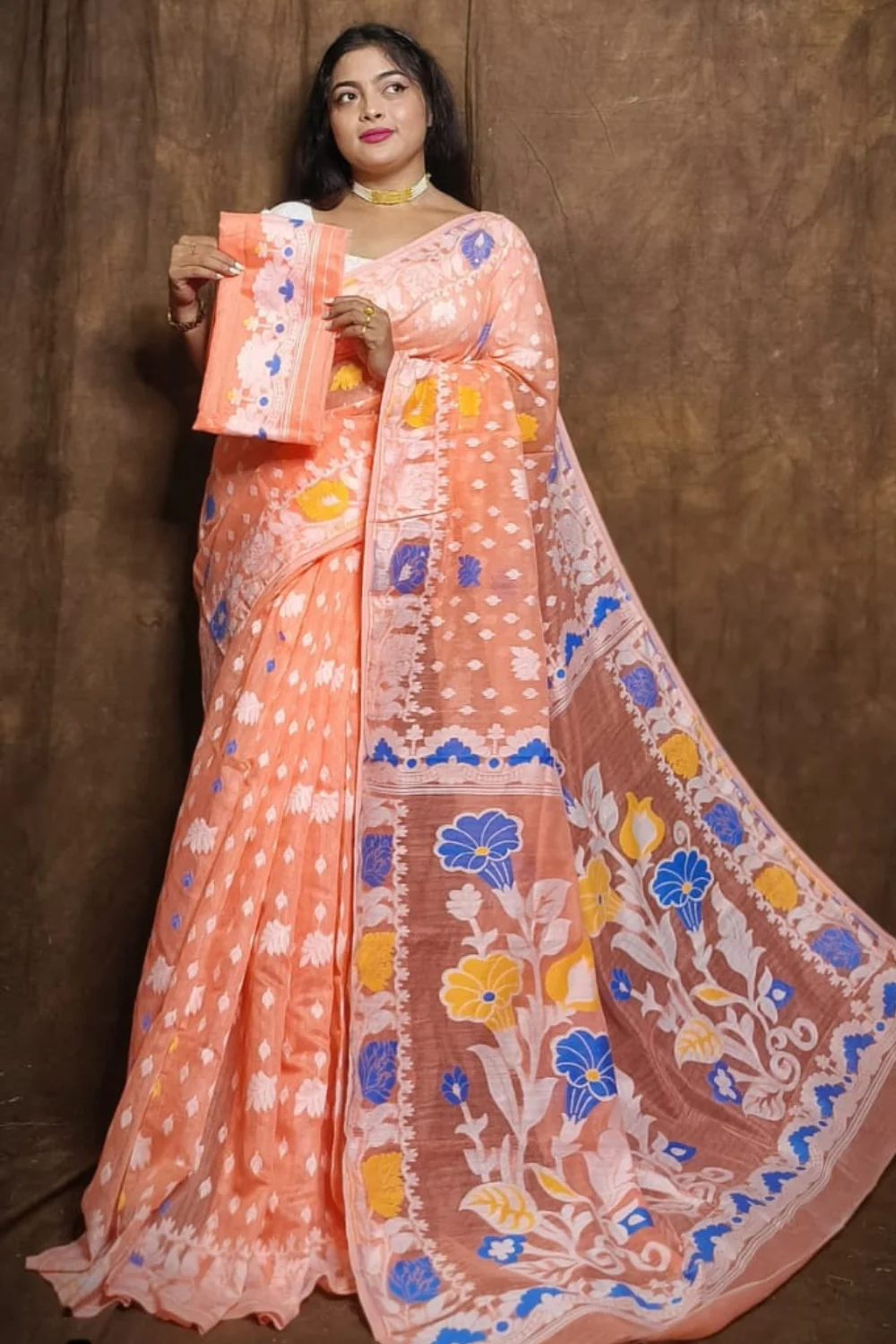 Diwali Special Peach Dhakai Jamdani Saree with Colourful Floral Weaving