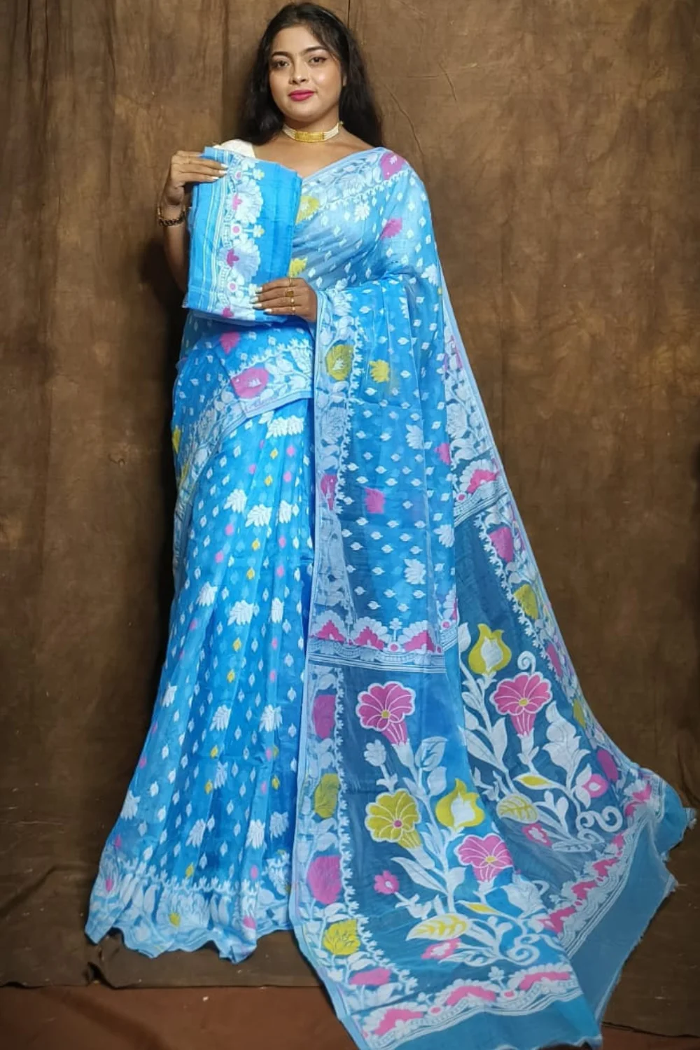 Diwali Special Azure Dhakai Jamdani Saree with Colourful Floral Weaving