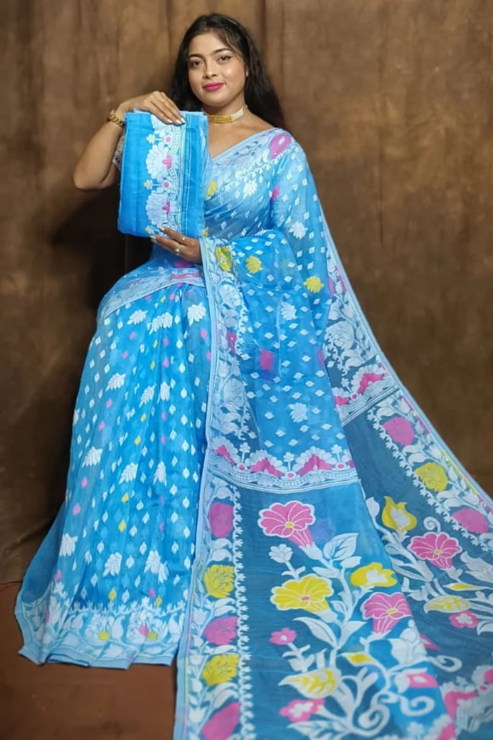 Diwali Special Azure Dhakai Jamdani Saree with Colourful Floral Weaving