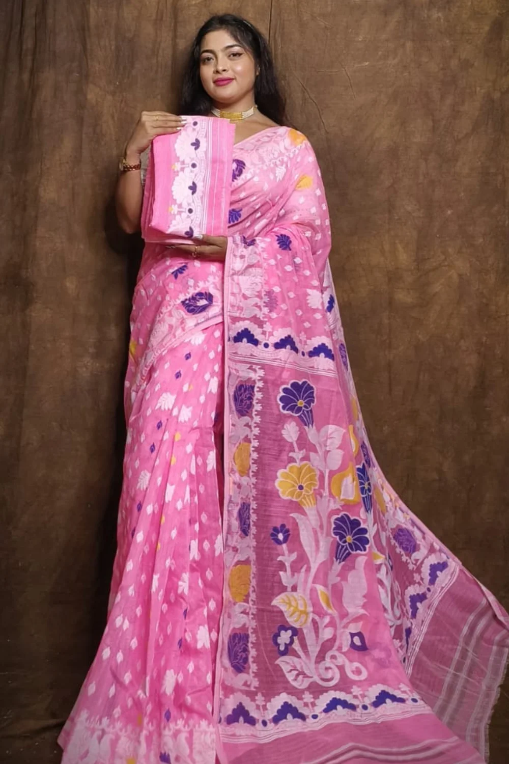 Diwali Special Pink Dhakai Jamdani Saree with Colourful Floral Weaving