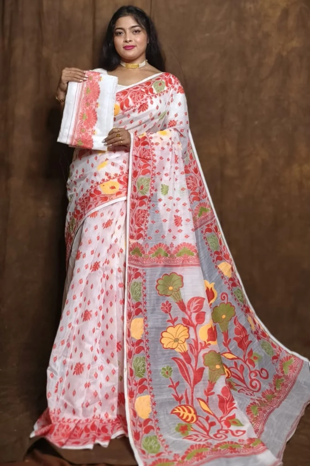 Diwali Special White Dhakai Jamdani Saree with Colourful Floral Weaving