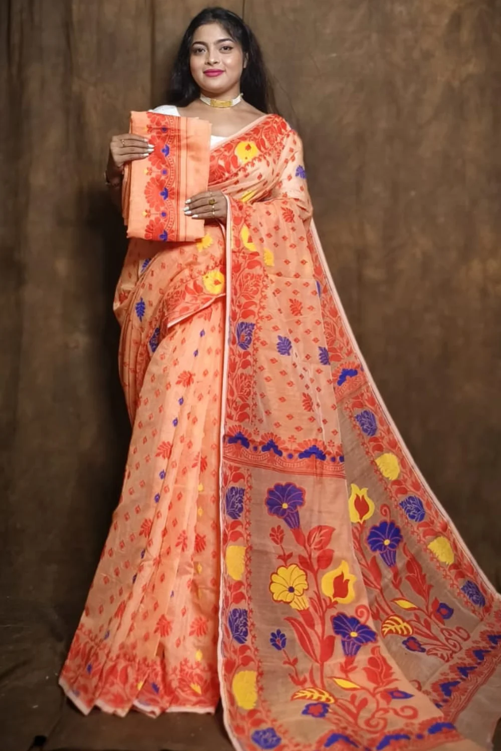 Diwali Special Orange Dhakai Jamdani Saree with Floral Motifs