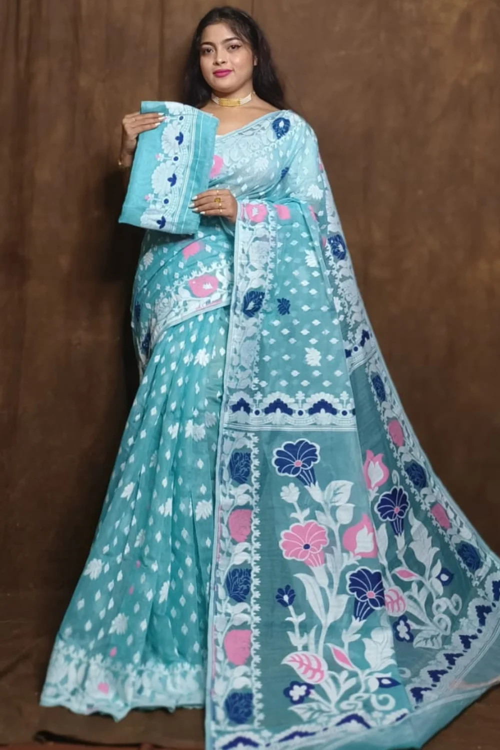 Diwali Special Sky Blue Dhakai Jamdani Saree With Floral Motifs