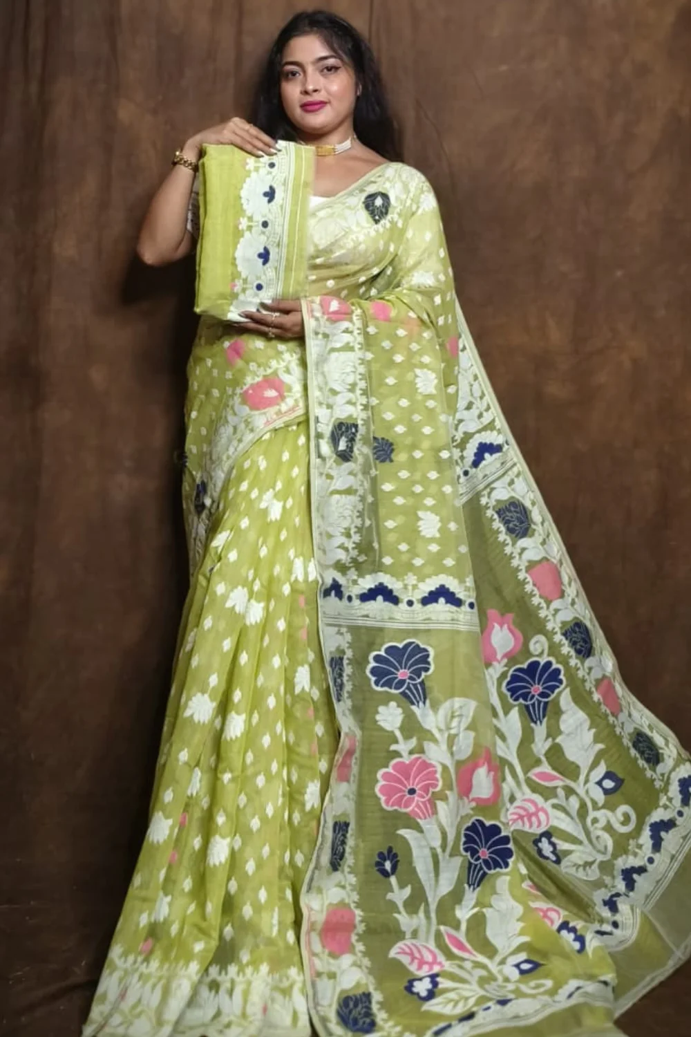 Diwali Special Lime Green Dhakai Jamdani Saree with Colourful Floral Weaving