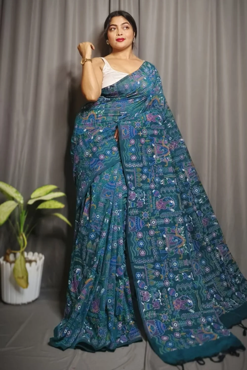 Dark Cyan Khadi Handloom Cotton Saree