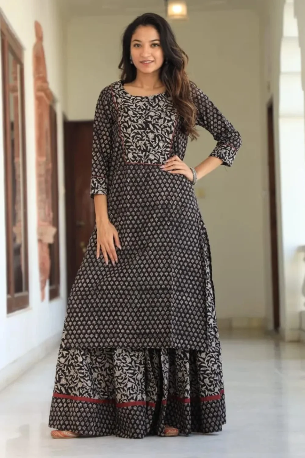 Black Handblock Printed Long Kurta Skirt Dupatta Set