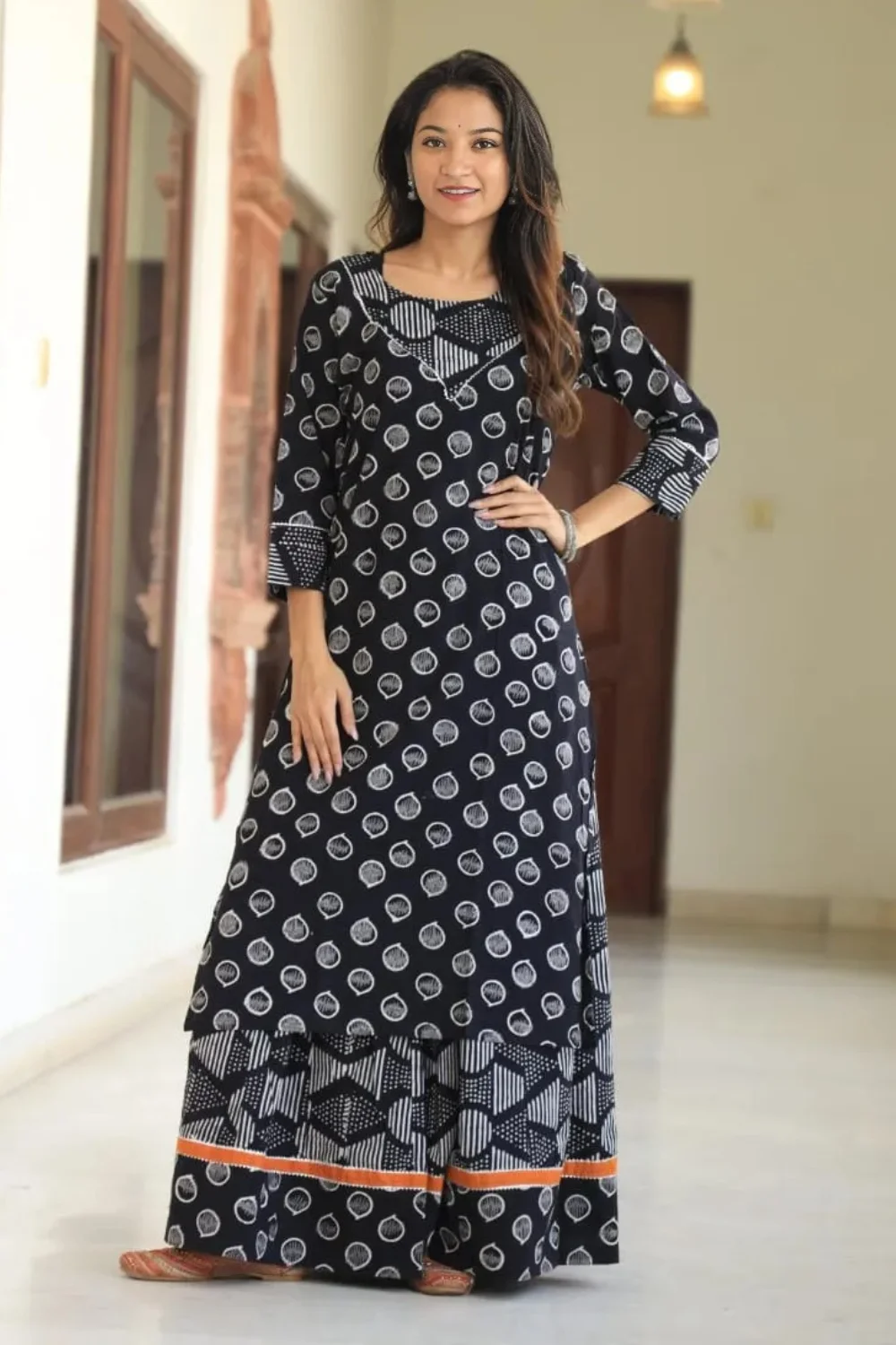 Handblock Printed Black Long Kurta Skirt Dupatta Set