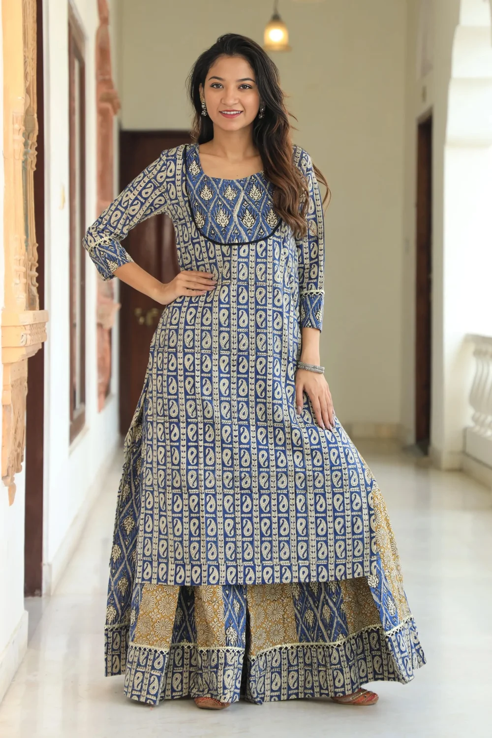 Blue Handblock Printed Long Kurta Skirt Dupatta Set