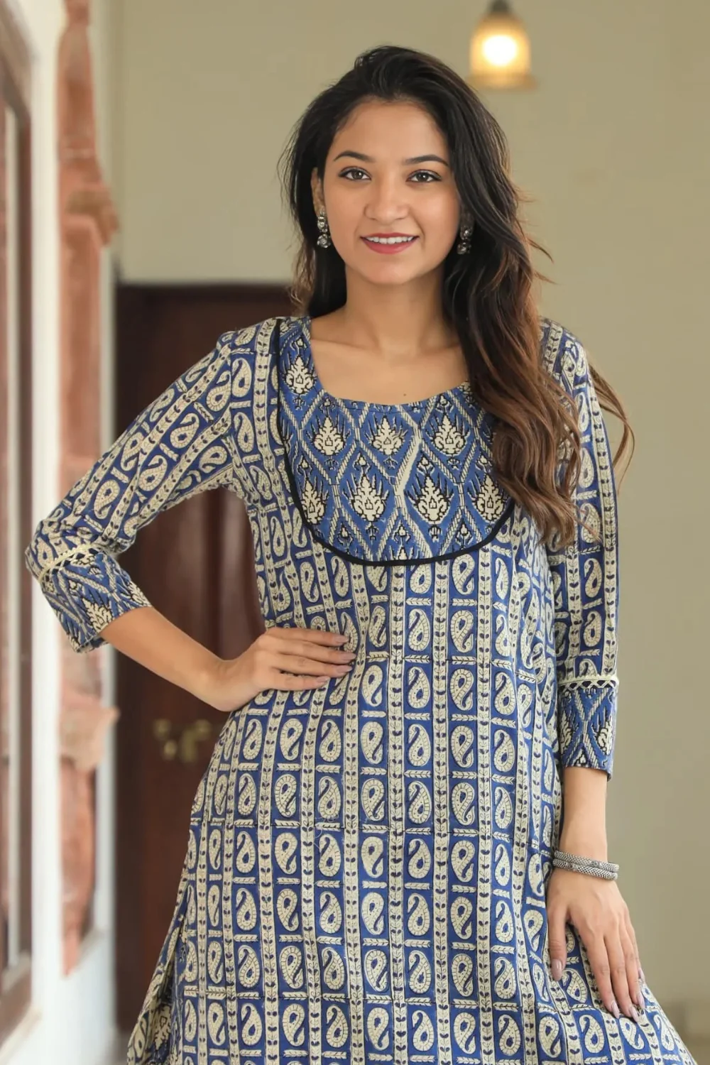 Blue Handblock Printed Long Kurta Skirt Dupatta Set