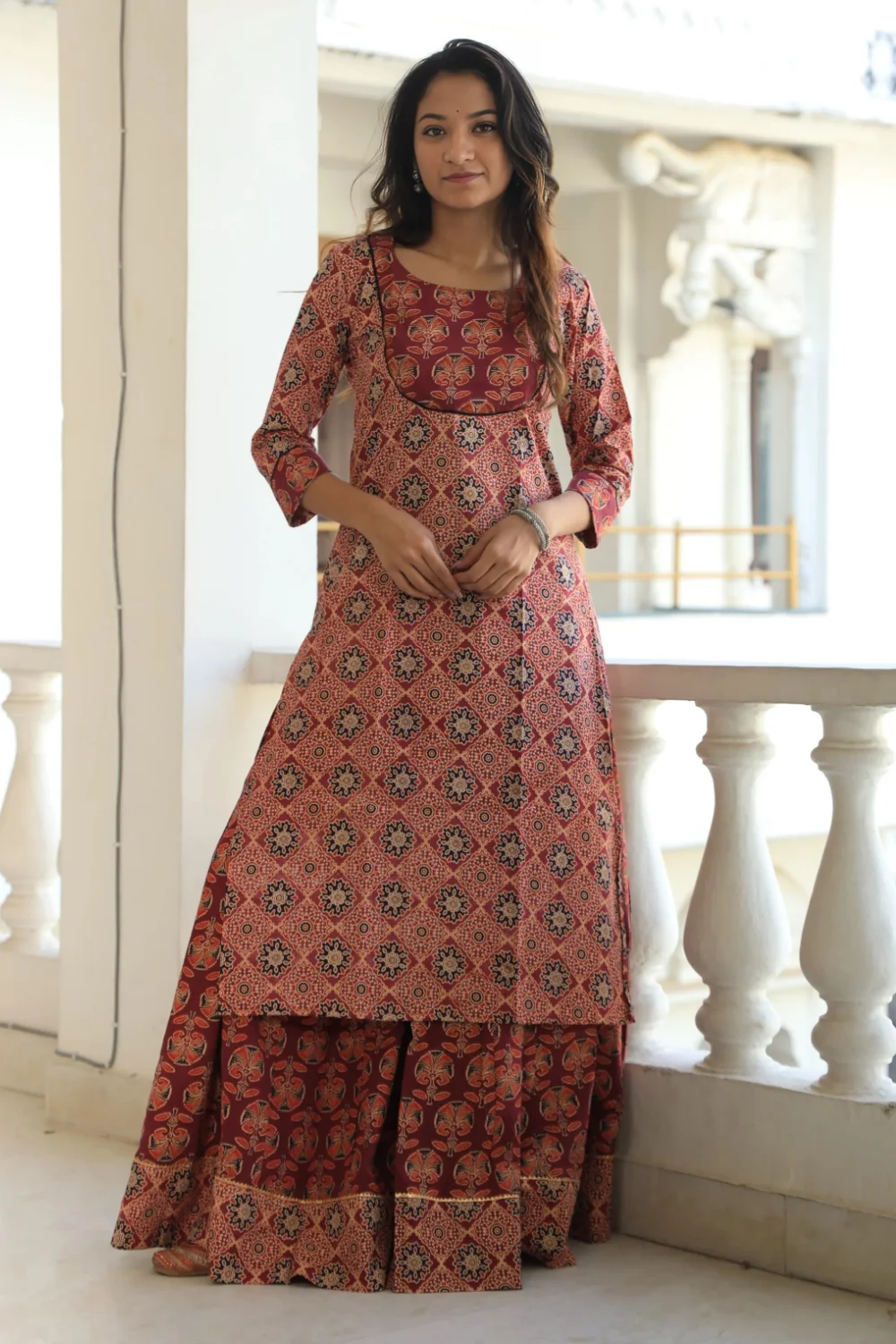 Maroon Handblock Printed Long Kurta Skirt Dupatta Set
