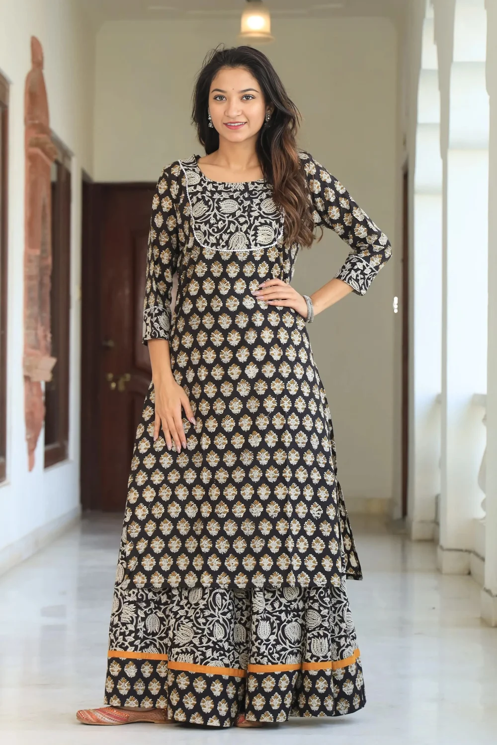 Stunning Black Handblock Printed Long Kurta Skirt Dupatta Set