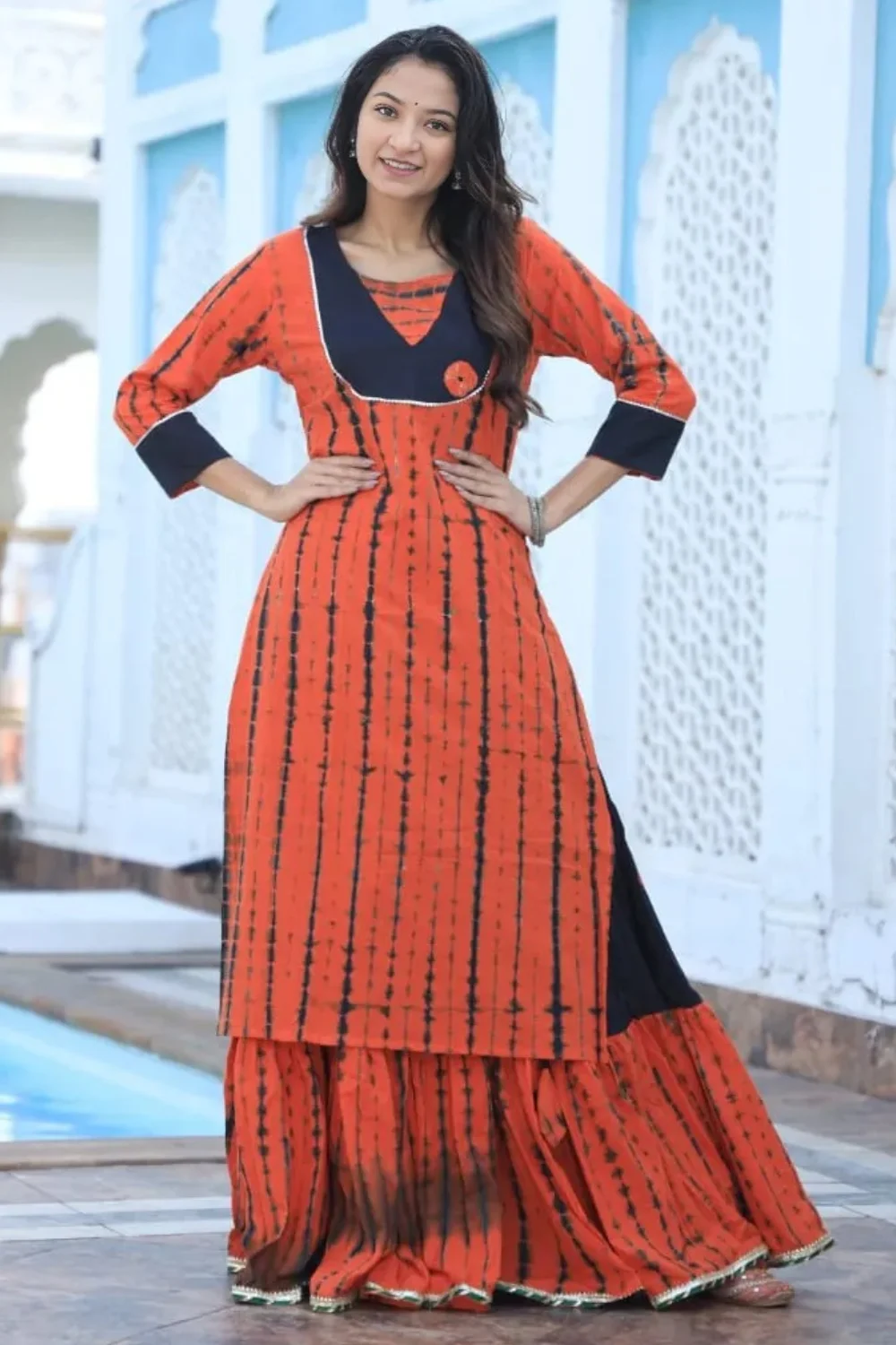 Orange Handblock Printed Long Kurta Skirt Dupatta Set