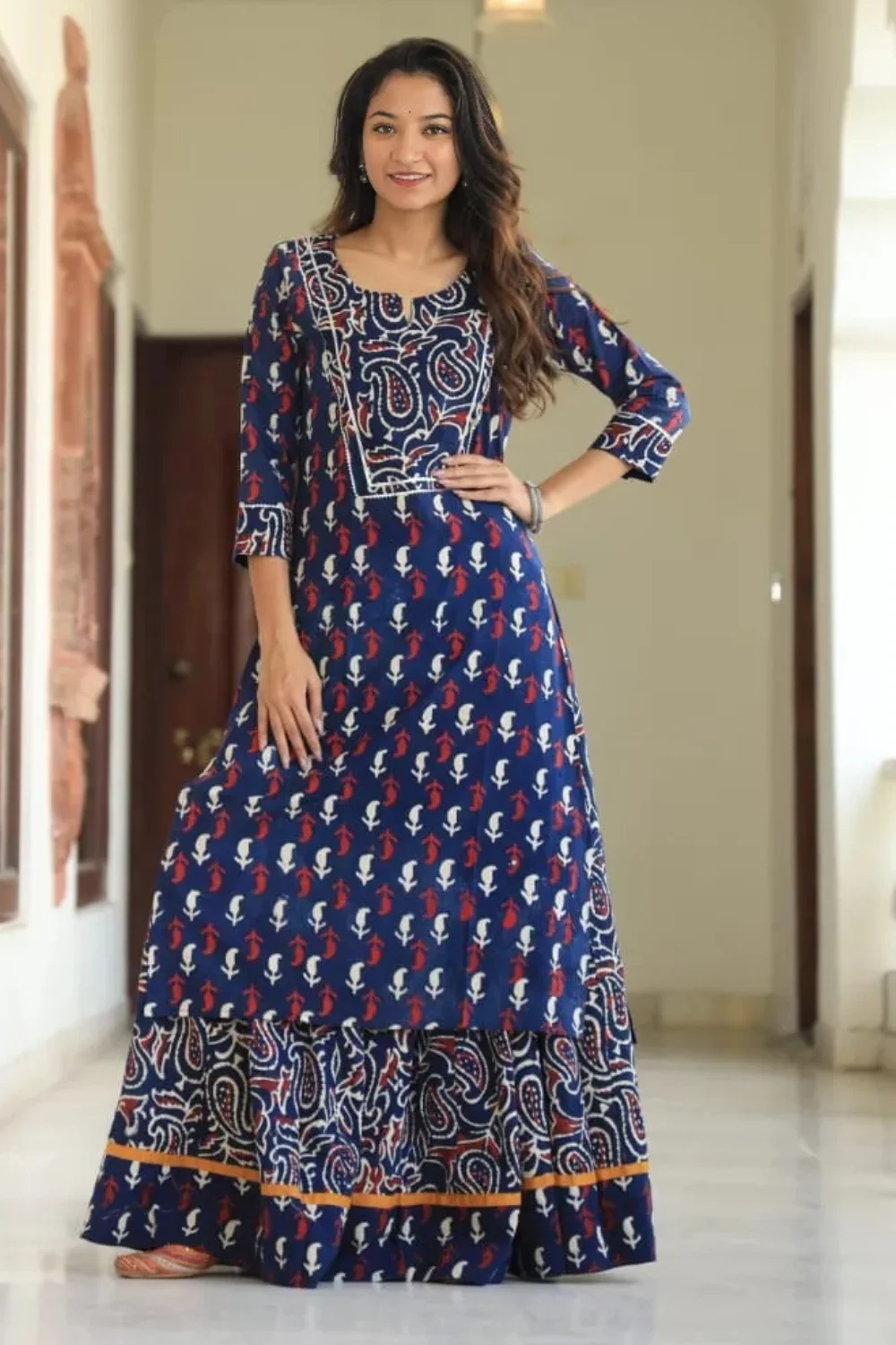 Handblock Printed Blue Long Kurta Skirt Dupatta Set