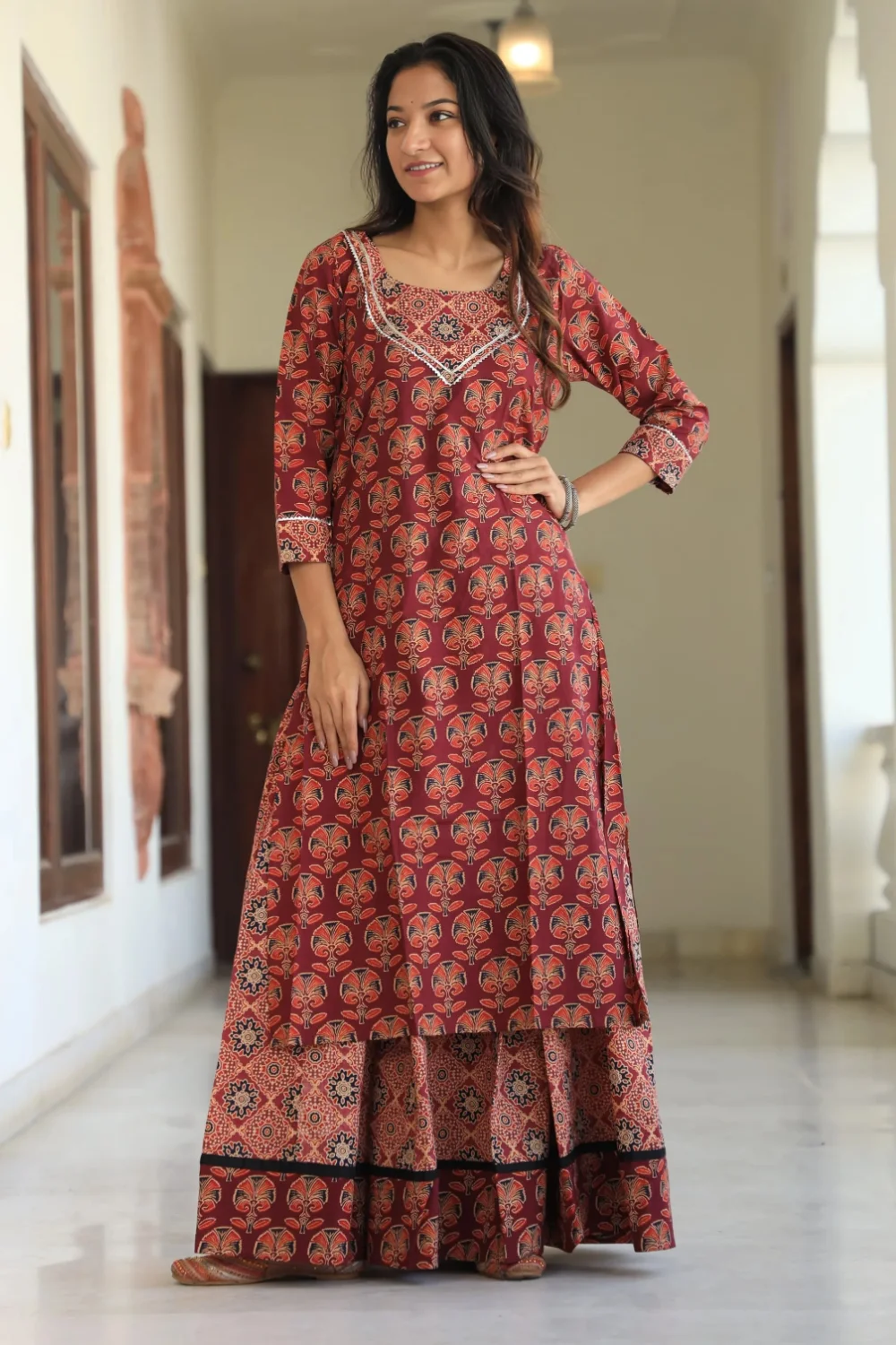 Handblock Printed Maroon Long Kurta Skirt Dupatta Set