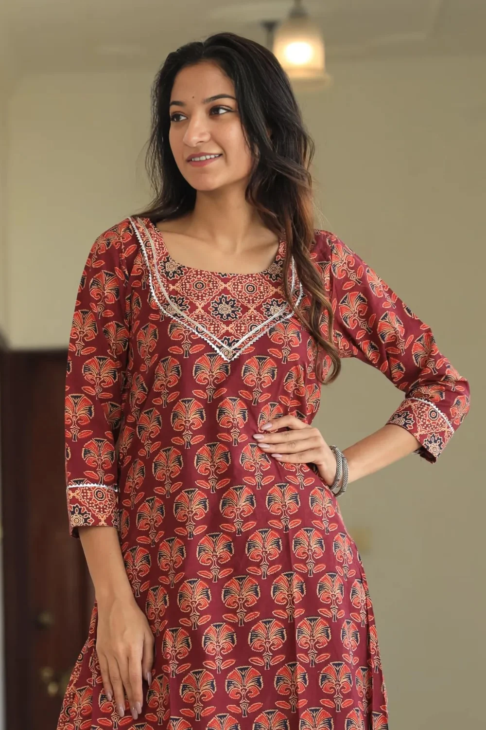 Handblock Printed Maroon Long Kurta Skirt Dupatta Set