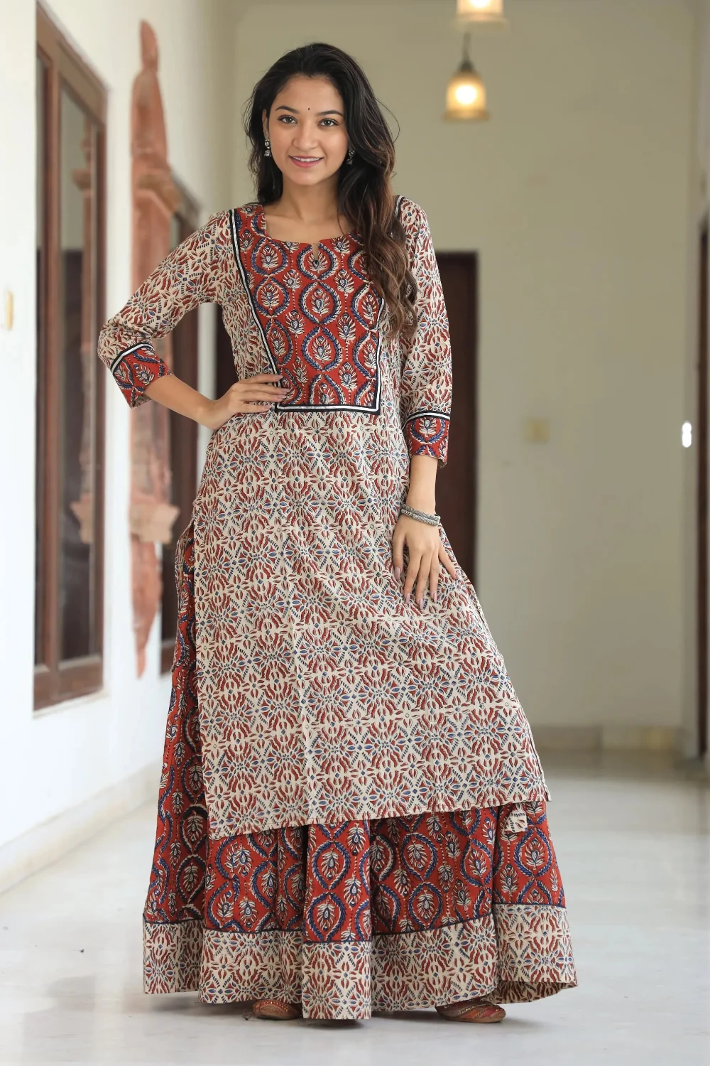 Off White Handblock Printed Long Kurta Skirt Dupatta Set