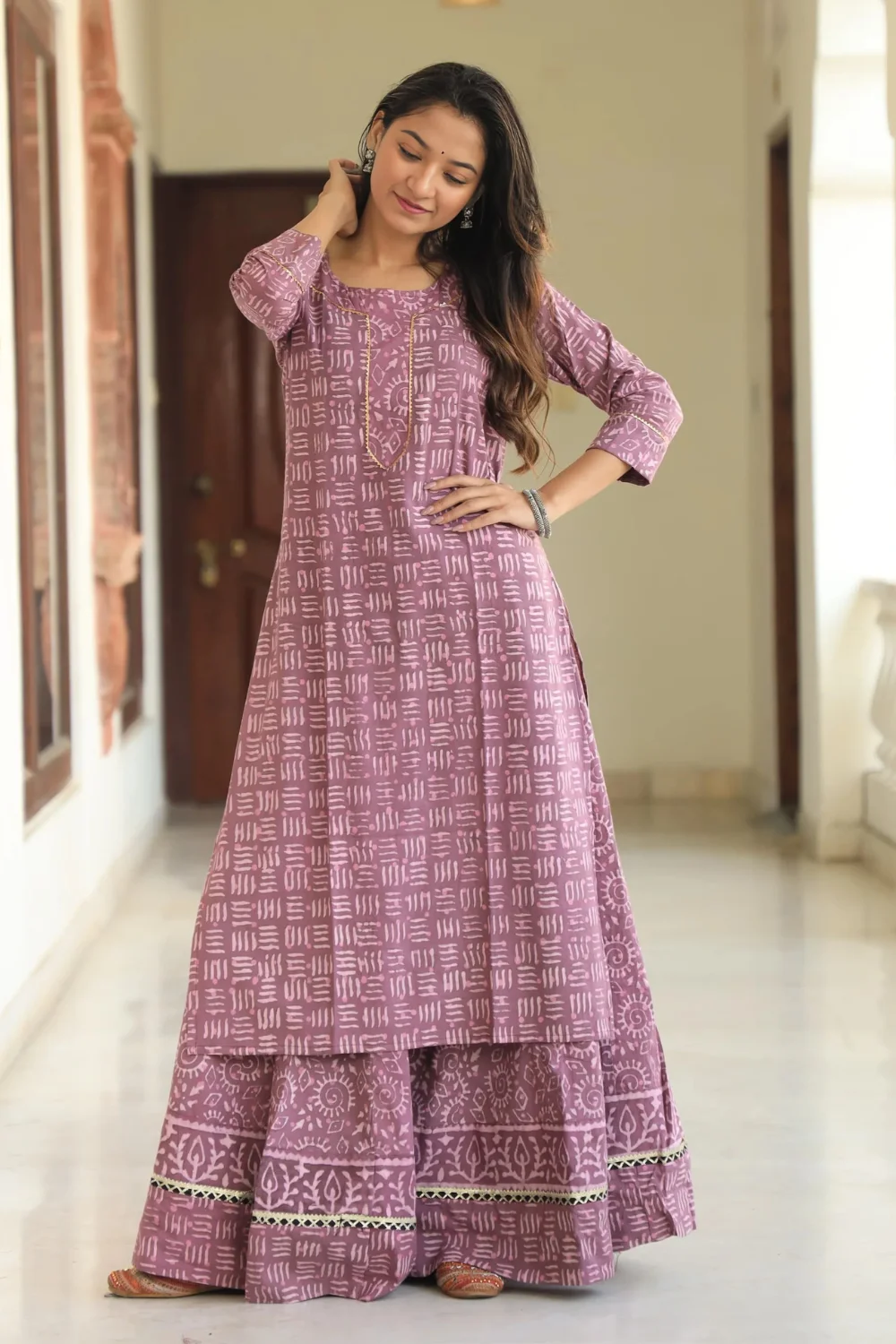Purple Handblock Printed Long Kurta Skirt Dupatta Set