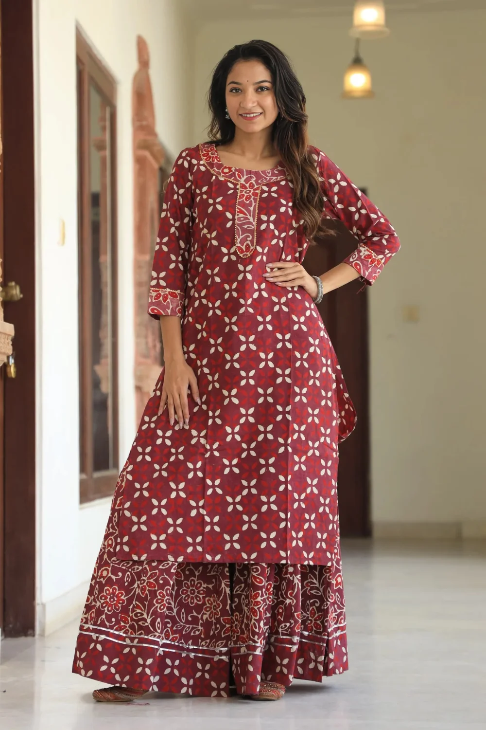 Dark Purple Handblock Printed Long Kurta Skirt Dupatta Set