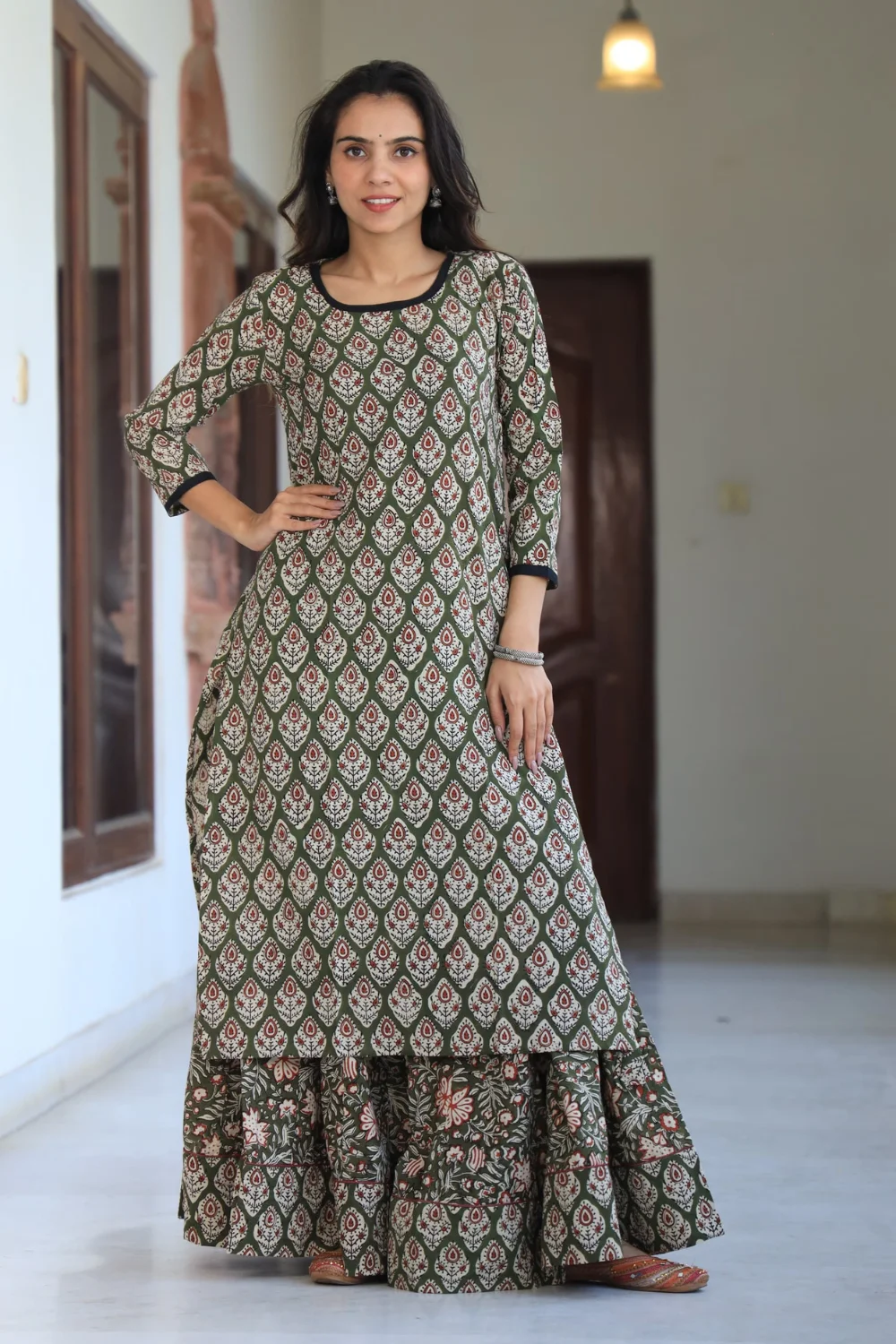 Dark Green Handblock Printed Long Kurta Skirt Dupatta Set