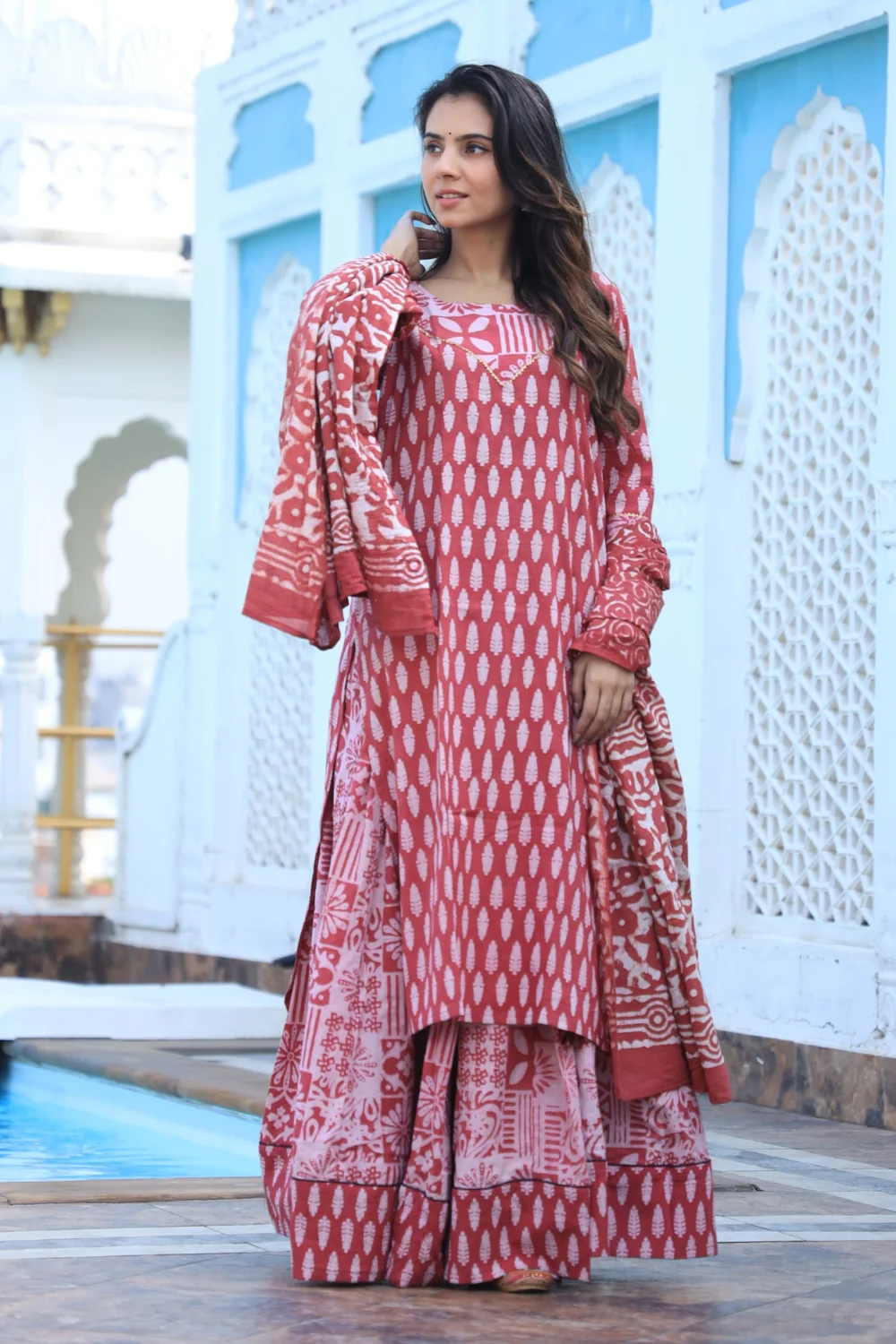 Pink Handblock Printed Long Kurta Skirt Dupatta Set