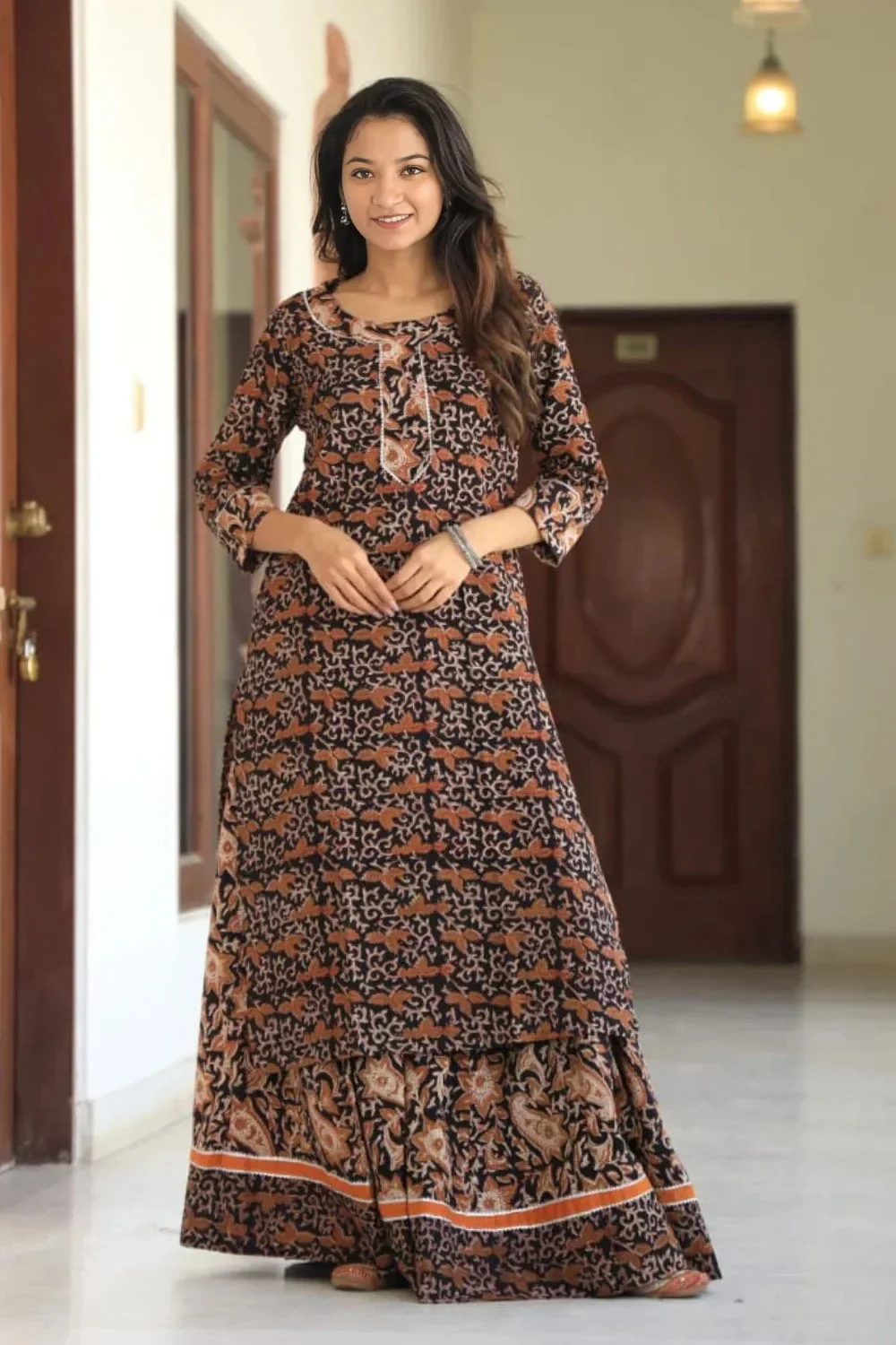 Black And Brown Handblock Printed Long Kurta Skirt Dupatta Set