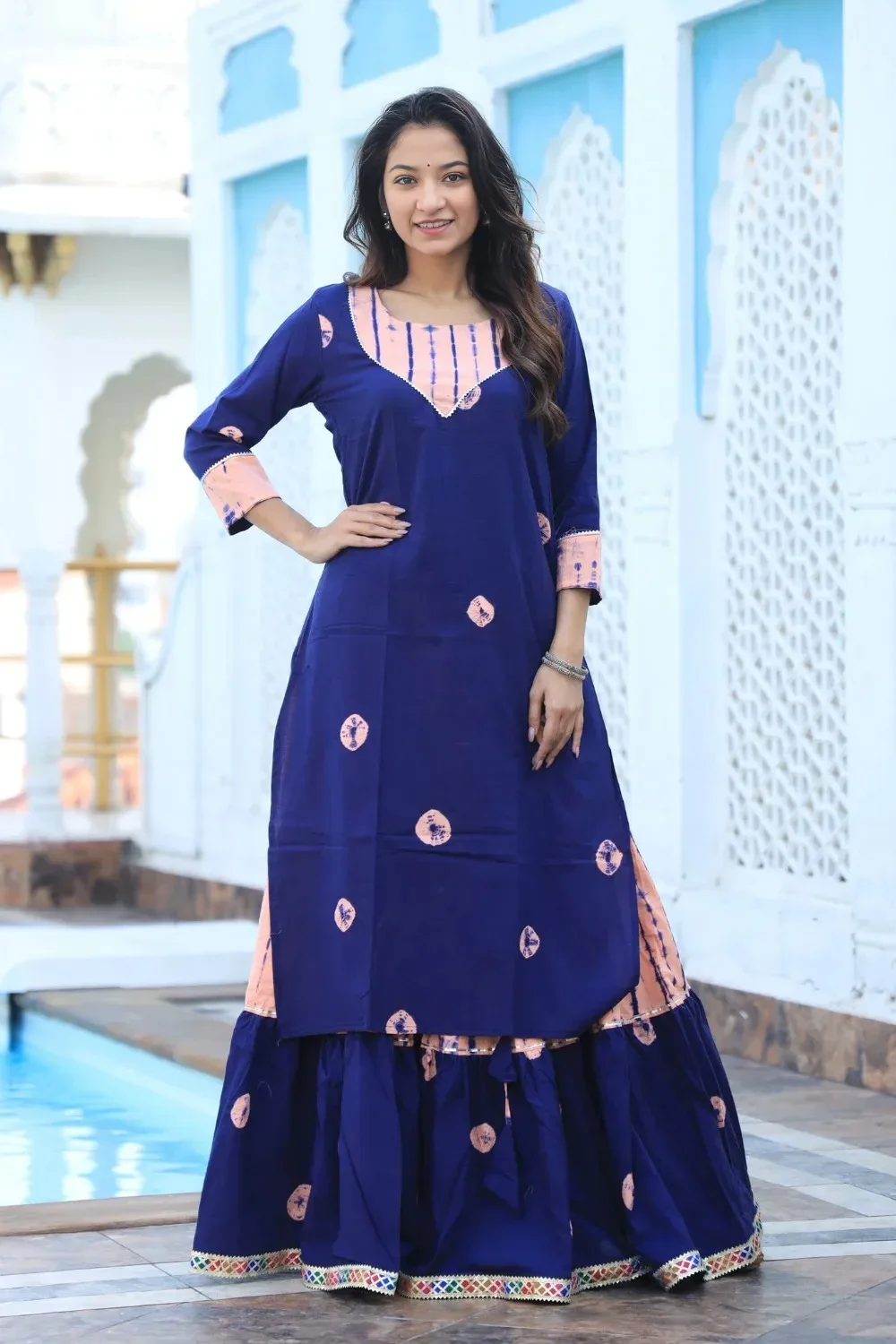 Navy Blue Handblock Printed Long Kurta Skirt Dupatta Set