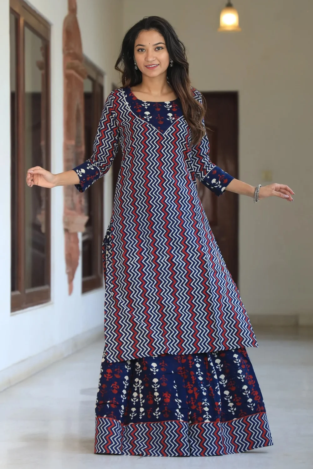 Gorgeous Blue Handblock Printed Long Kurta Skirt Dupatta Set