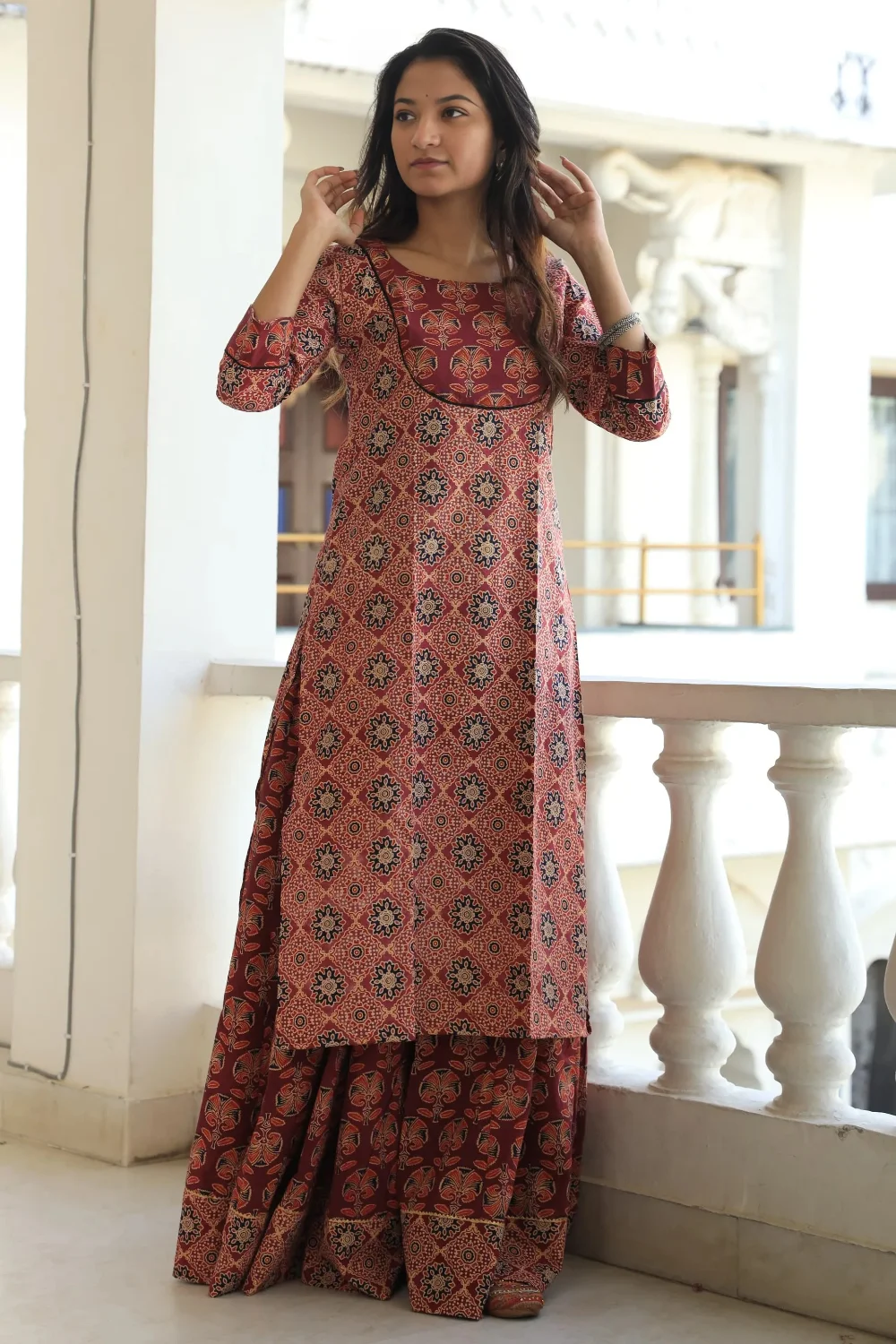 Peach Handblock Printed Long Kurta Skirt Dupatta Set