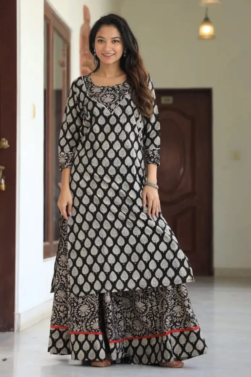 Gorgeous Black Handblock Printed Long Kurta Skirt Dupatta Set