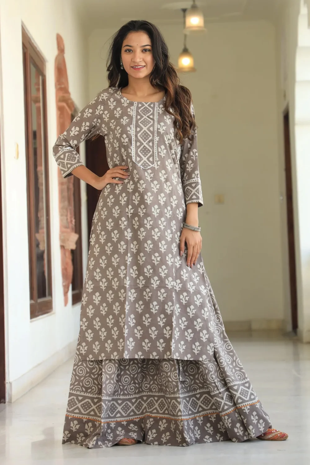 Gray Handblock Printed Long Kurta Skirt Dupatta Set