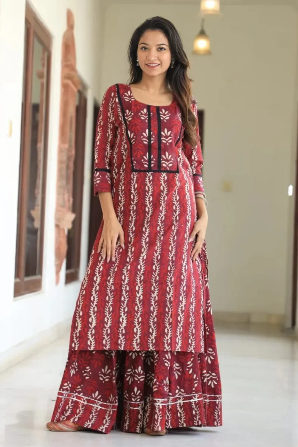 Gorgeous Purple Handblock Printed Long Kurta Skirt Dupatta Set