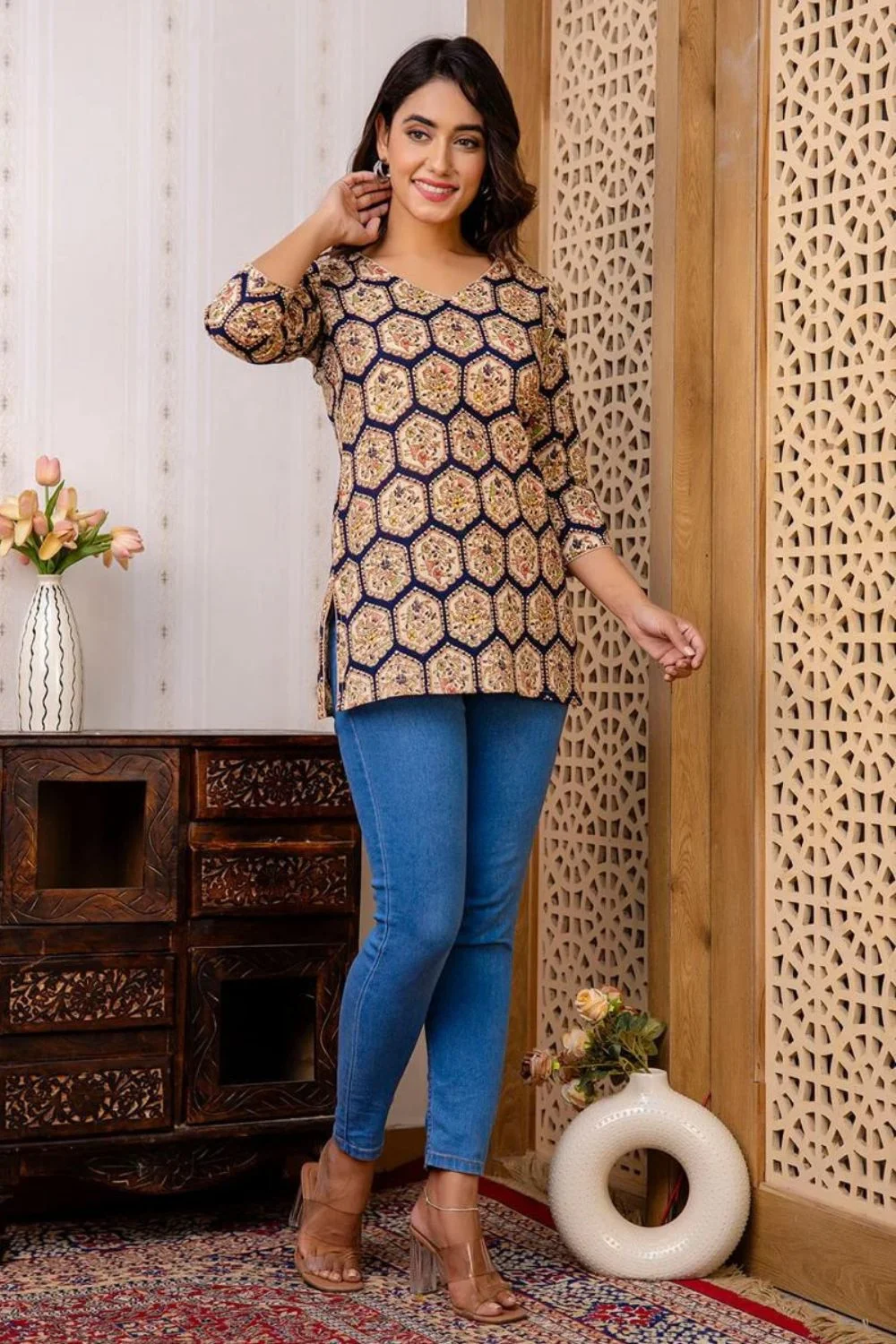 Black And Beige Floral Printed Short Kurta