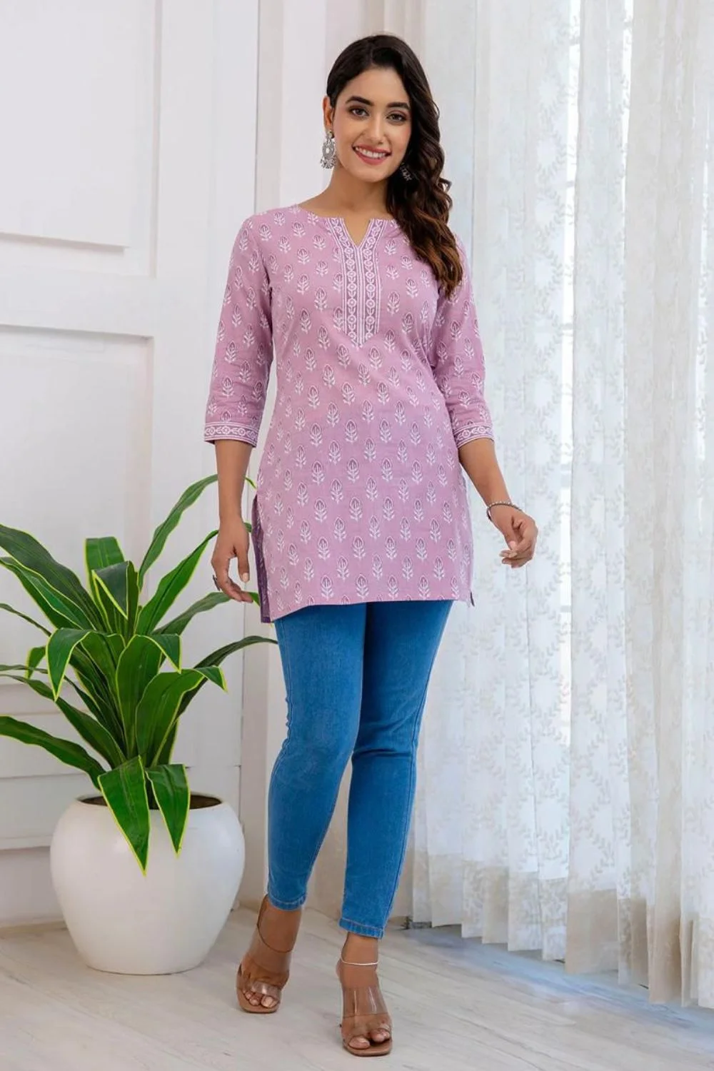 Purple Floral Printed Short Kurta