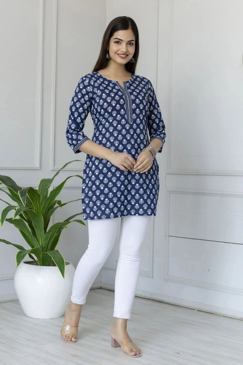Stunning Blue Floral Printed Short Kurta