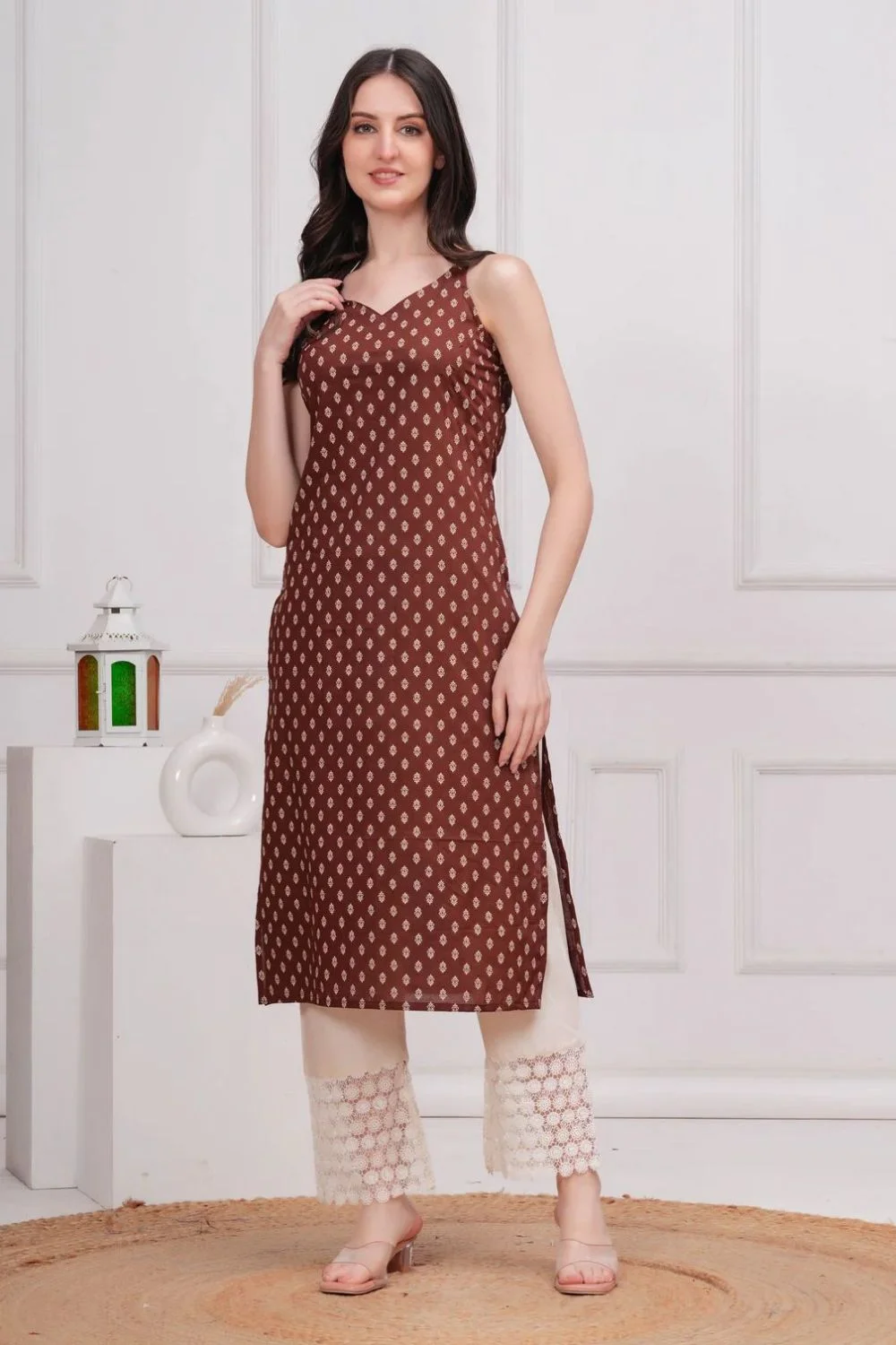 Brown Ethnic Printed Sleeveless Kurta