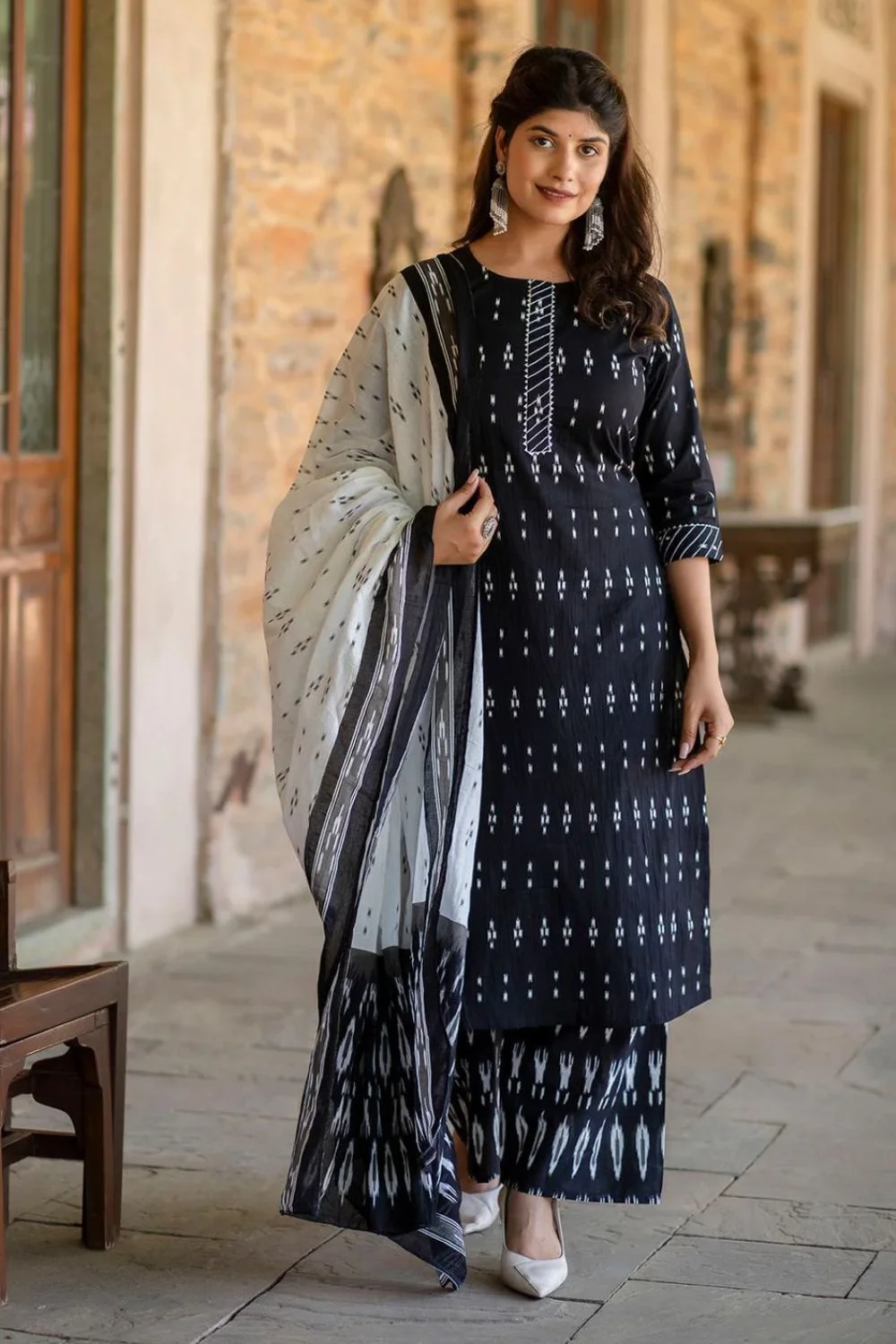 Black Jaipuri Kurta Palazzo Dupatta Set
