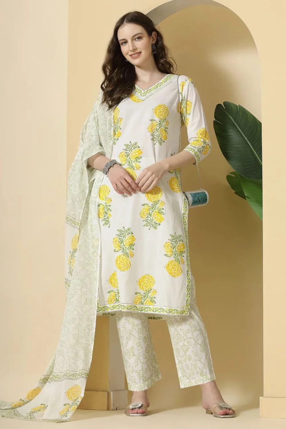 Yellow And White Jaipuri Kurta Trouser Dupatta Set