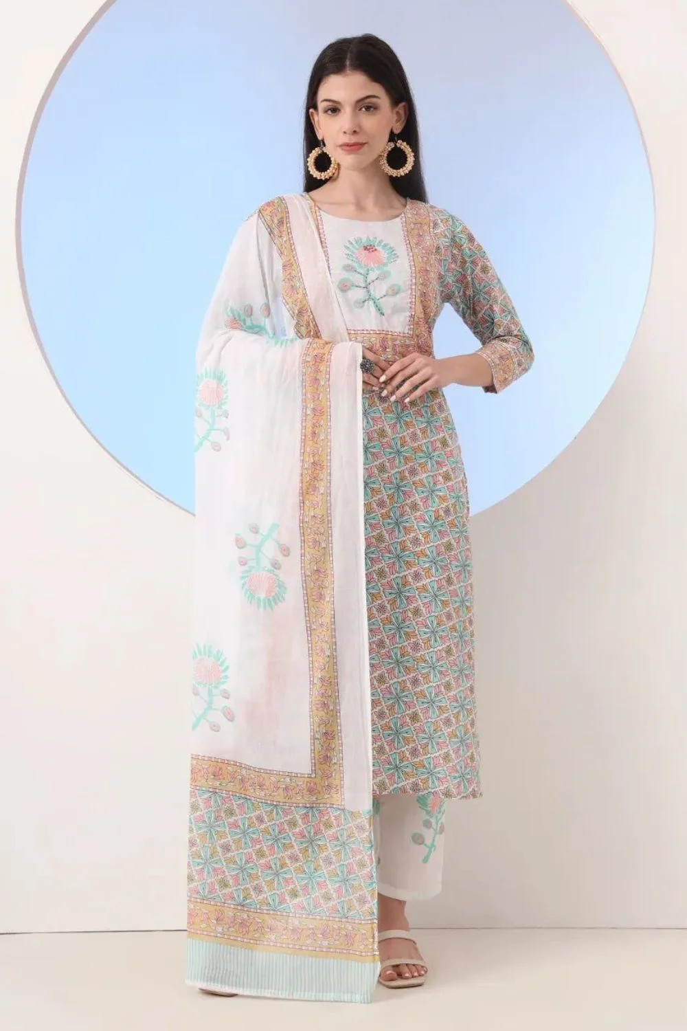 White And Blue Jaipuri Kurta Trouser Dupatta Set
