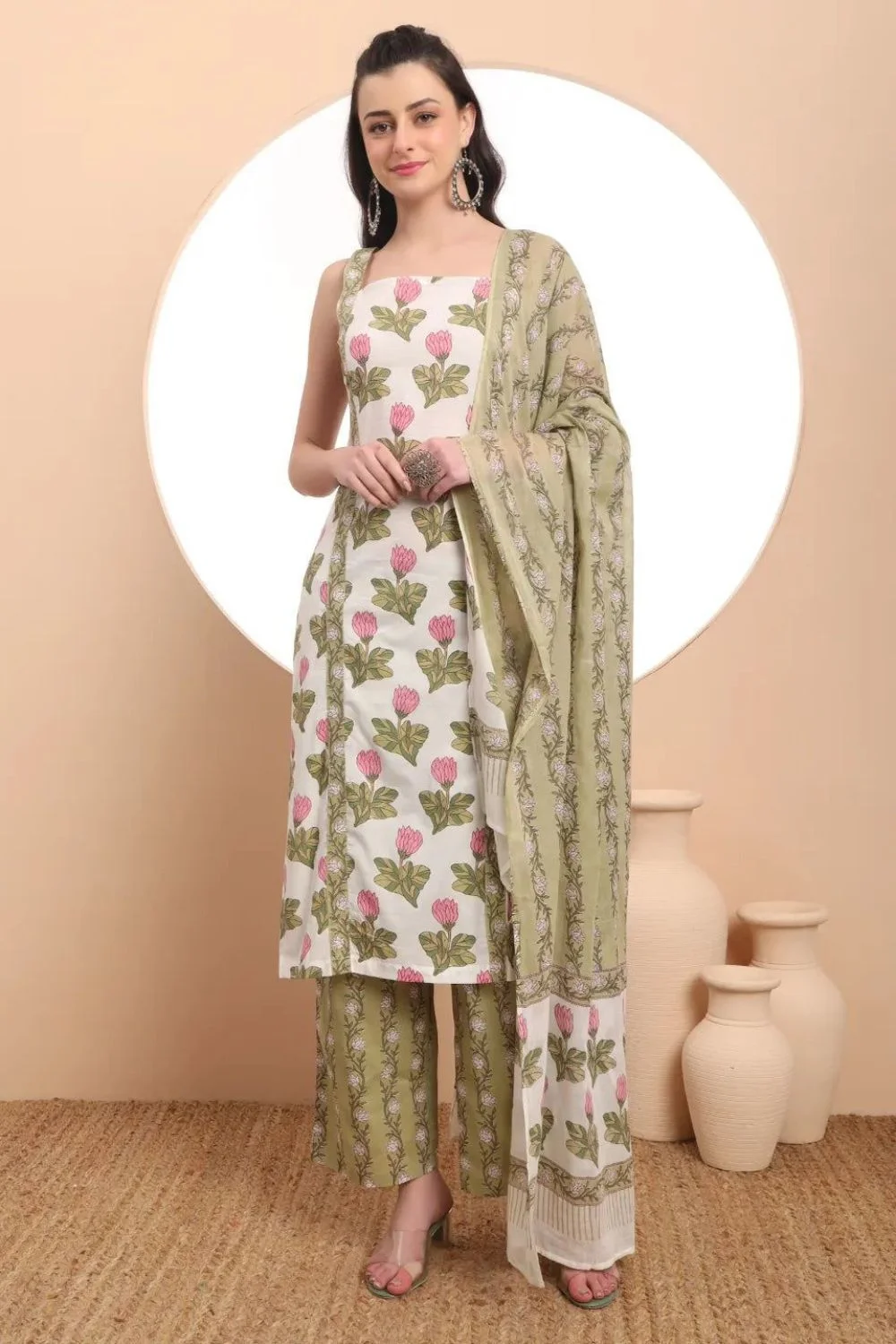White And Green Jaipuri Kurta Trouser Dupatta Set