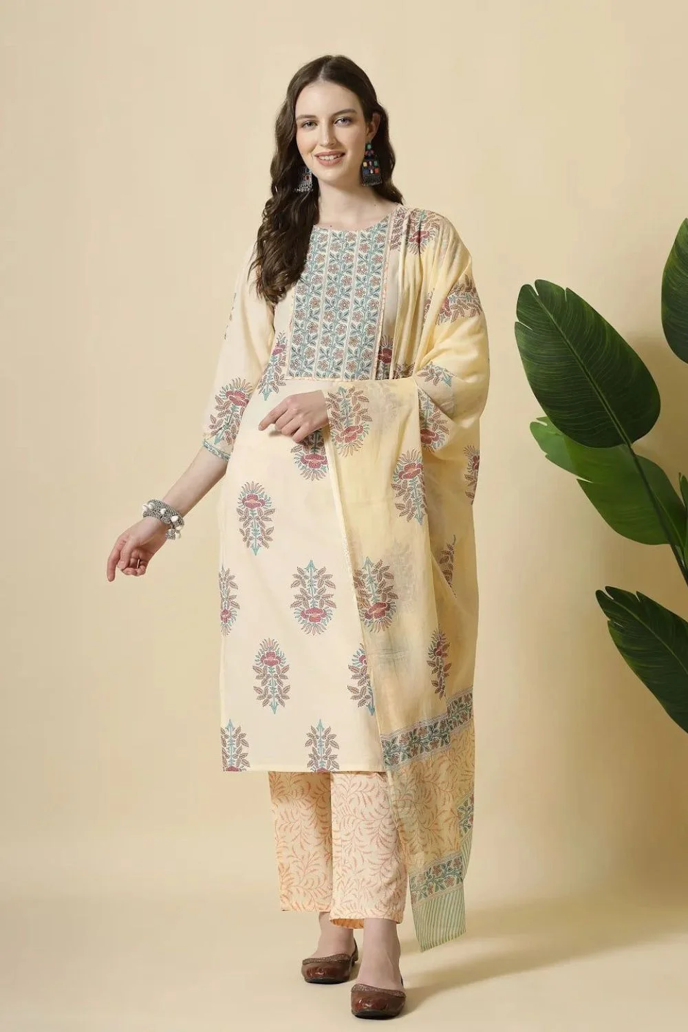Yellow Jaipuri Kurta Trouser Dupatta Set