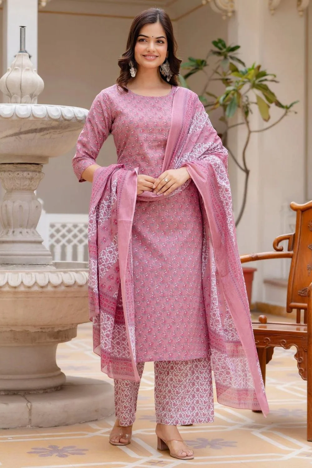 Aesthetic Pink Jaipuri Kurta Palazzo Dupatta Set